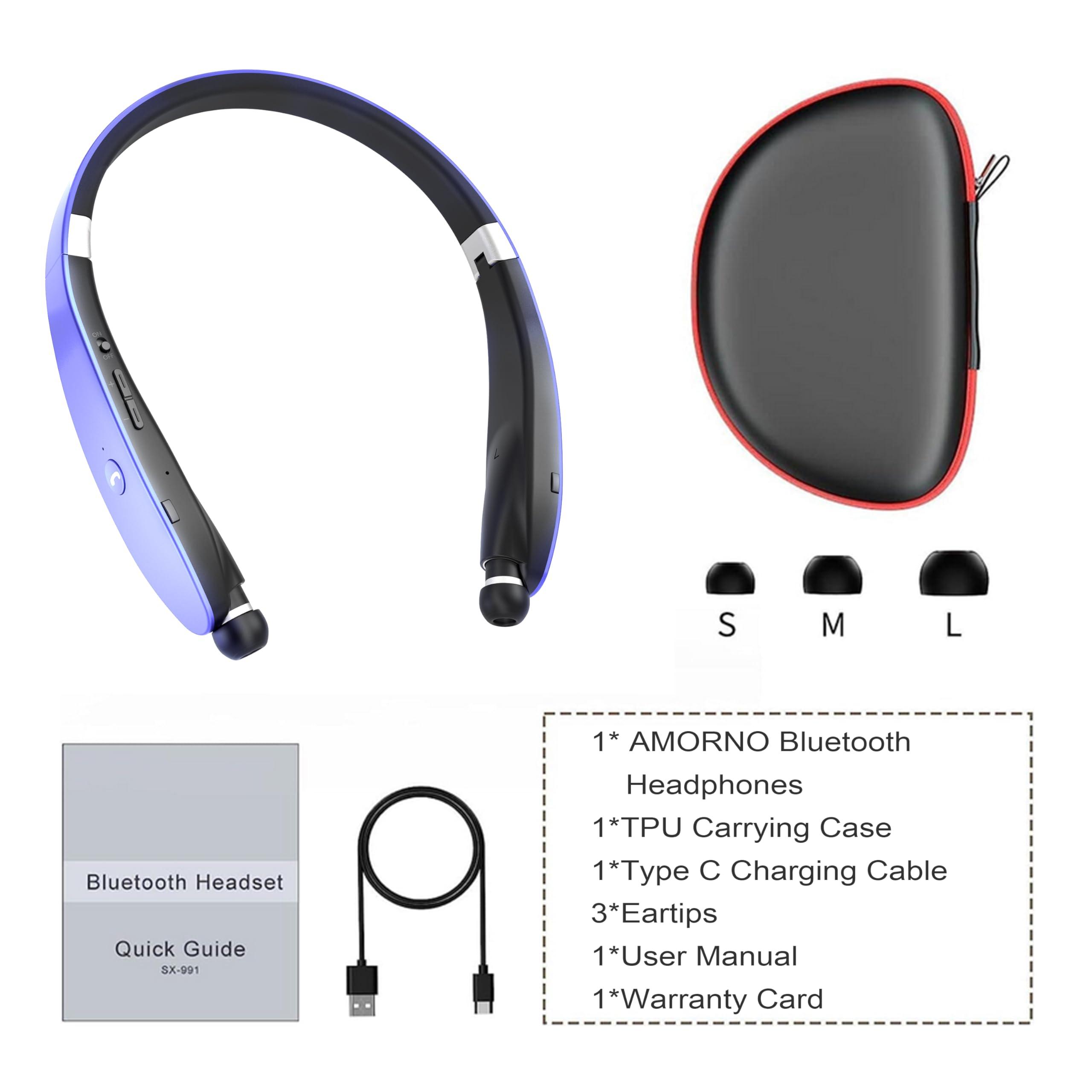 AMORNO AMORNO Foldable Bluetooth Headphones Wireless Neckband Headset with Retractable Earbuds, Sports Sweatproof Noise Cancelling Stereo Earphones with Mic