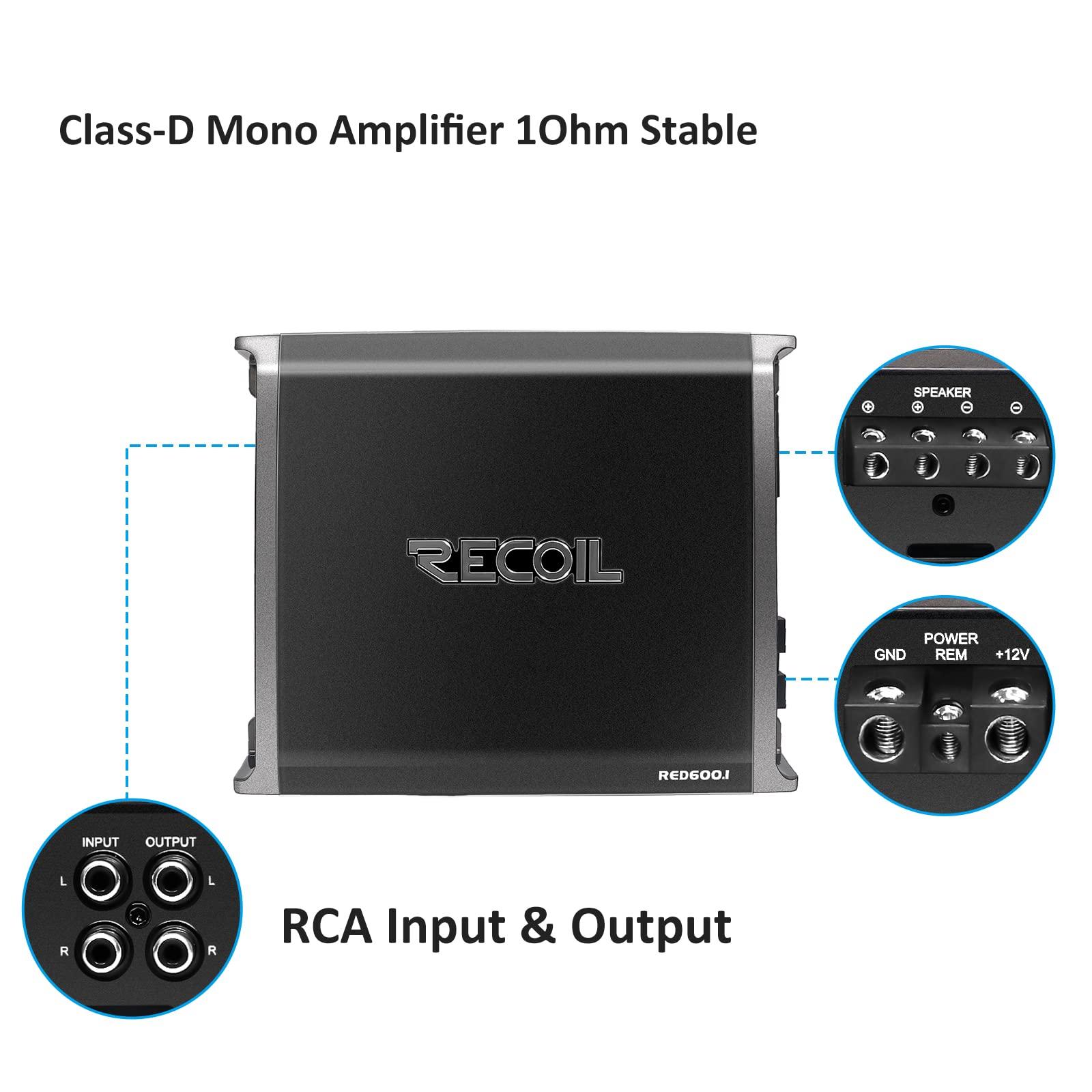 RECOIL Recoil RED600-1 1320 Watts Class-D Car Audio Mono-Block Subwoofer Amplifier, 1 Ohm Stable, Remote Bass Knob Included