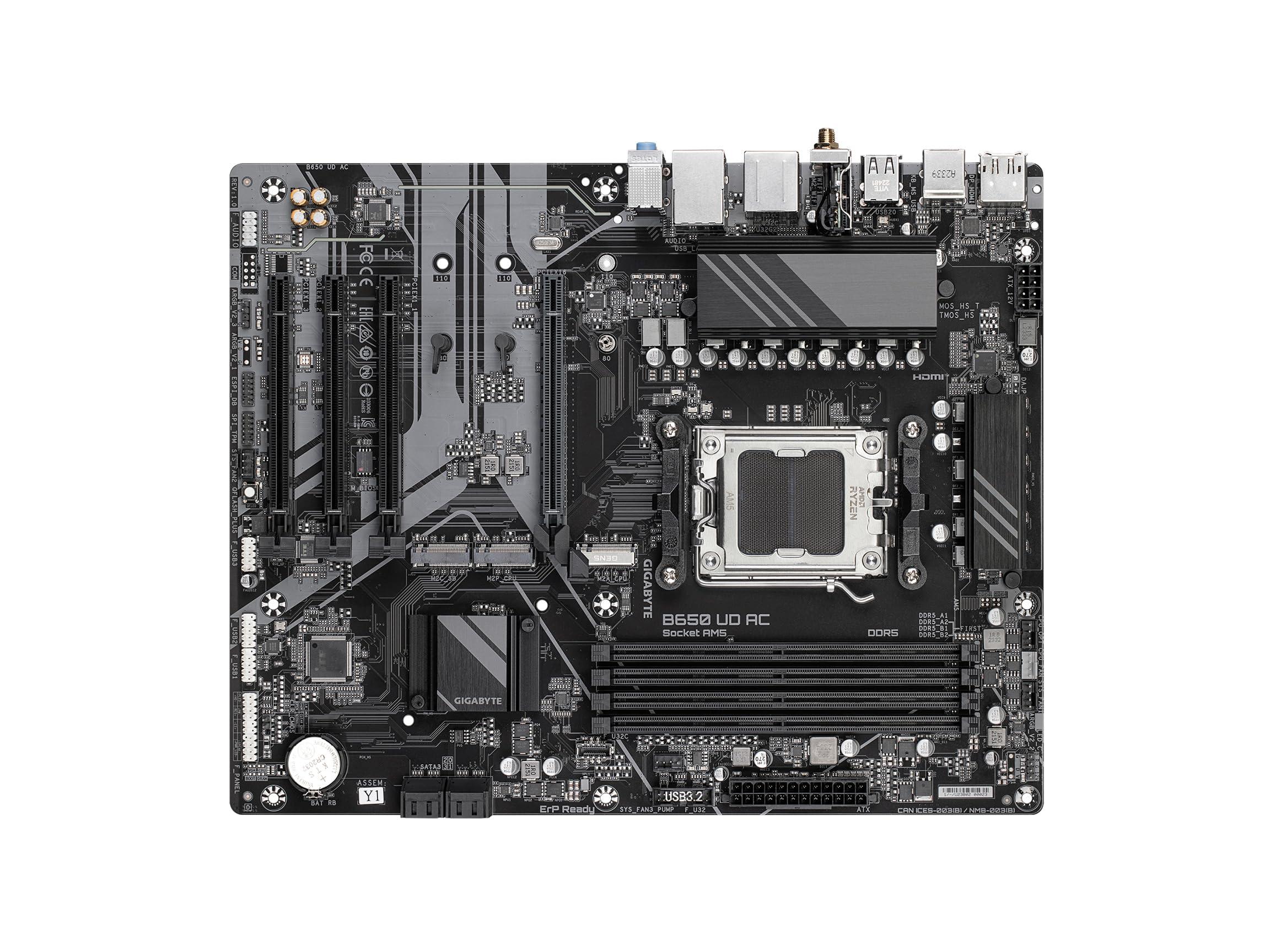 GIGABYTE GIGABYTE B650 UD AC (rev. 1.0) AM5 LGA 1718 AMD B650 ATX Motherboard with 5-Year Warranty, DDR5, PCIe 4.0 M.2, PCIe 4.0, USB 3.2 Gen2x2 Type-C, GbE LAN