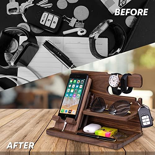 Gooin Global Personalized Gifts for Men - Wood Phone Docking Station, Nightstand Organizer with Key Holder, Wallet Stand and Watch Organizer - Anniversary Unique Birthday Gifts for Men Dad Husband Boyfriend Uncle