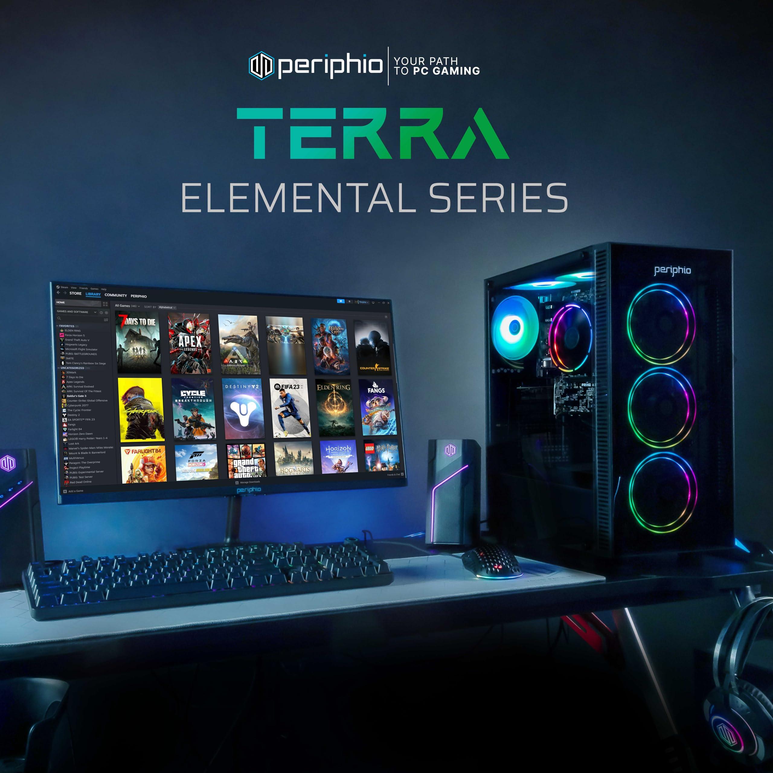 Periphio Periphio Terra Prebuilt Gaming PC - AMD Ryzen 5 5600G CPU (4.4GHz Turbo), 32GB DDR4 RGB RAM, Radeon Vega 7 Graphics, 1TB NVMe Solid State SSD, Windows 11 Gaming Computer Desktop, WiFi + BT
