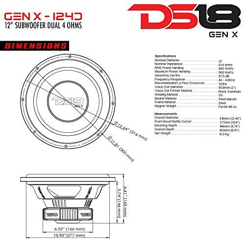 DS18 DS18 GEN-X124D Subwoofer in Black - 4 Layer Black Aluminum Voice Coil, 12", 900W Max Power, 450W RMS, Dual 4 Ohms - Powerful Car Audio Bass Speaker (1 Speaker)