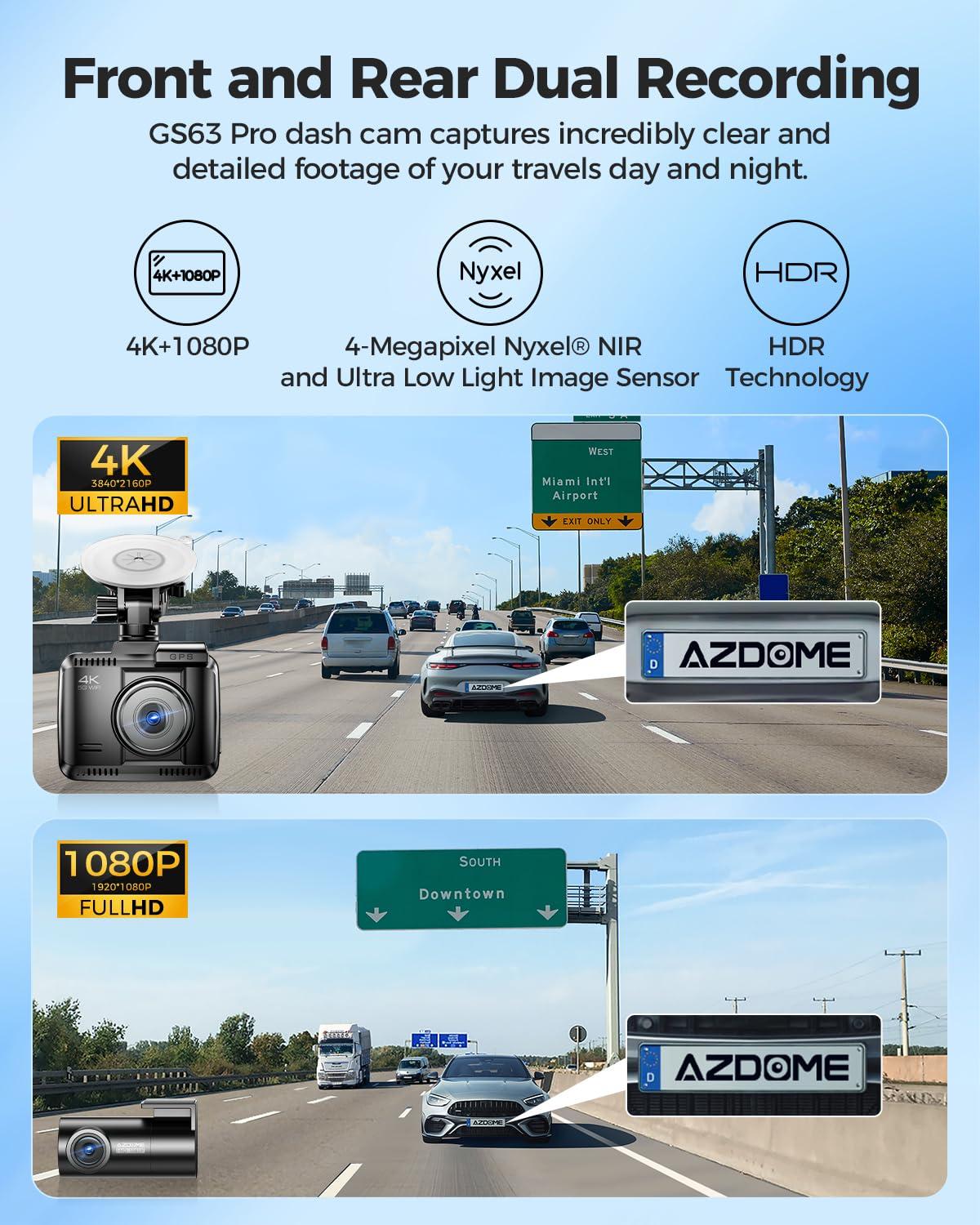 AZDOME AZDOME 4K HDR Dash Cam with No-Light Full-Color Night Vision, 128GB eMMC, ADAS, 4K+1080P Dashcam Front and Rear, 5GHz WiFi GPS 24H Parking Mode Car Camera, GS63Pro