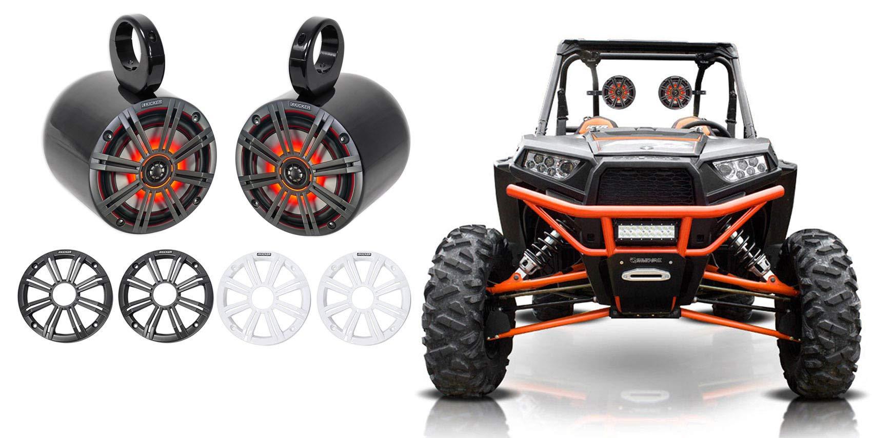 KICKER KICKER (2) 45KM654L 6.5" 390w Marine LED Speakers w/Charcoal with White Grilles KM65 Bundle with 2 Rockville MAC65B 6.5" Black Aluminum Wakeboard Tower Speaker Pod Enclosures