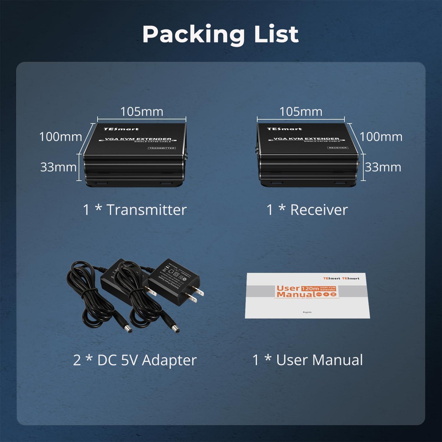 TESmart TESmart 1080P 60Hz Long Range 984ft USB VGA KVM Extender Over Cat5e Cat6 Ethernet Cable (up to 984ft/300m, Sender+Receiver)