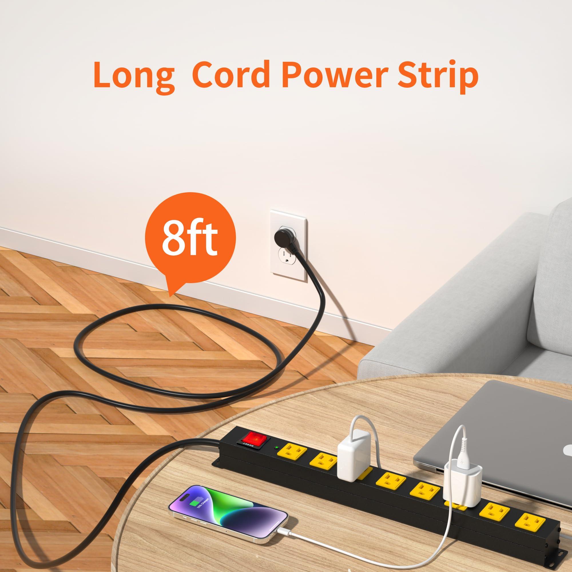 Plug\'n 8 Outlet Power Strip 2100J Surge Protector, 8FT Heavy Duty Extension Cord Wide Spaced Outlet and Wall Mount Metal Powerstrip for Home Office Garage Workshop