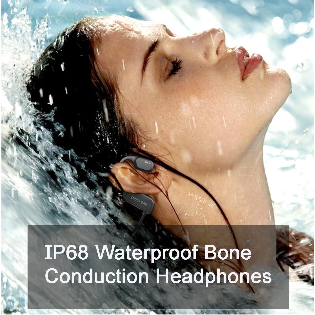 Johiear Bone Conduction Headphones Waterproof, IP68 Swimming Open Ear Bluetooth Headphones Built-in 16GB Memory, Ultra Light Underwater Wireless Earphones for Running, Cycling, Hiking, Gym (deep black)