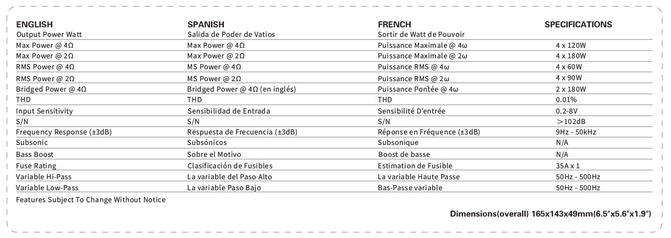 OceanAudio OceanAudio OAE-90.4D Compact Full-Range Class D 4 Channel 720W Car Amplifier, Max Power @2 4 * 180W RMS Power @2 4 * 90W, @4 4 * 60W, 2 Bridged Channels RMS Power @4 2 * 180W