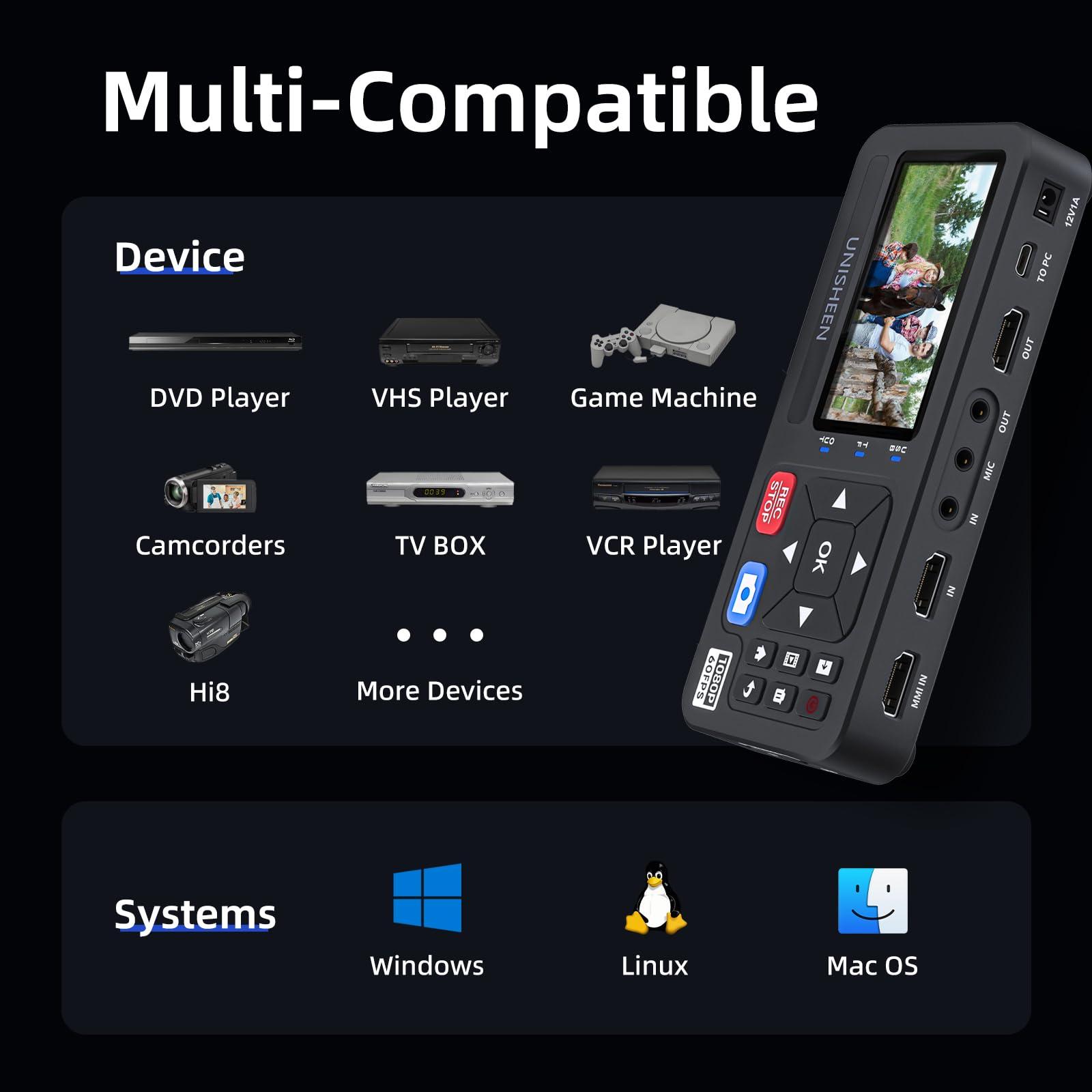 UNISHEEN UNISHEEN 4K Capture Box-1080P 60FPS Video to Digital Converter 4K HDMI/CVBS/VGA/YPBPR Inputs Video Recorder Capture from VCR, DVD, VHS Tapes, Hi8, Camcorders, Gaming Systems