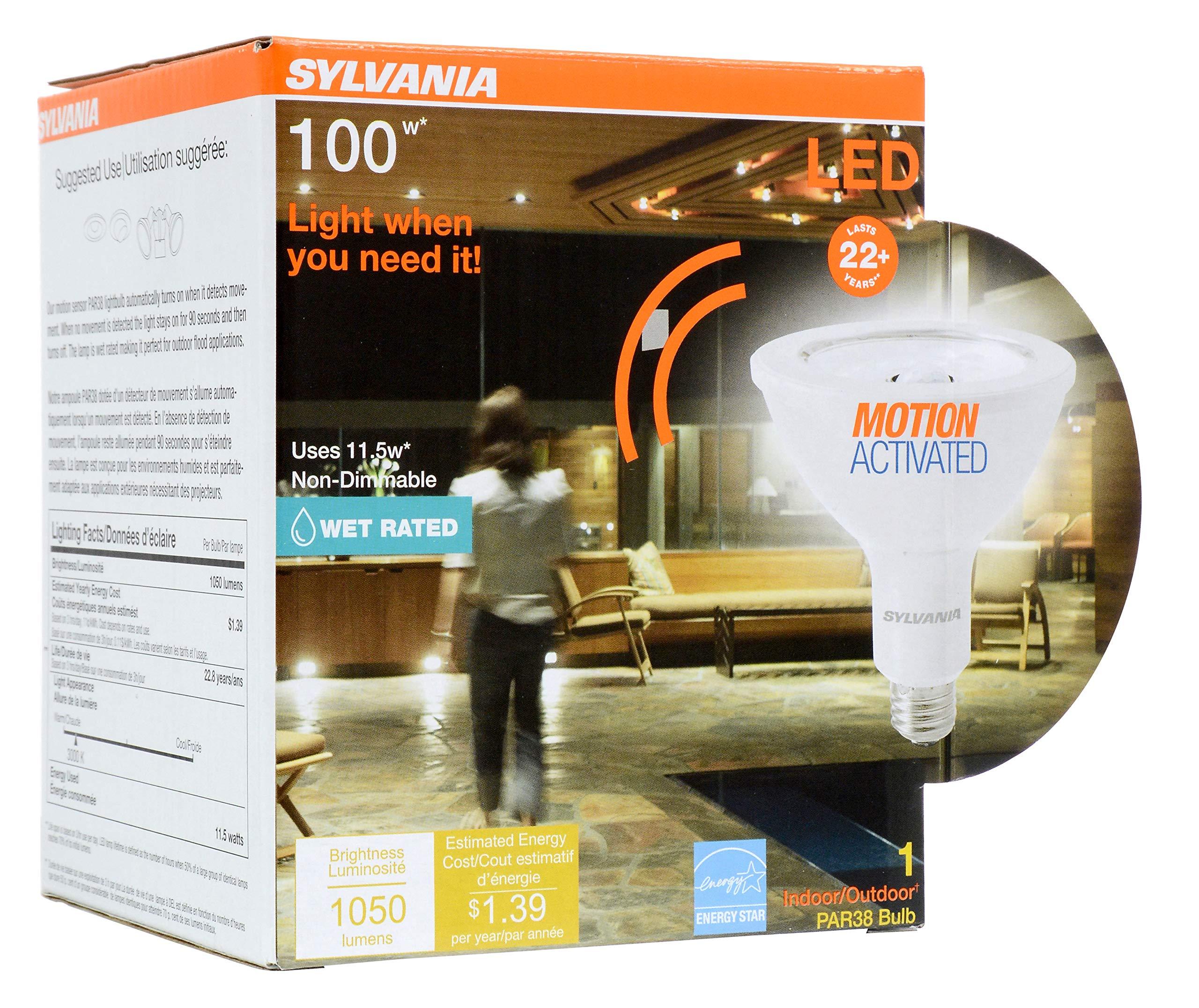 LEDVANCE SYLVANIA LED Motion Activated PAR38 LED Light Bulb, 100W = 11.5W, Indoor/Outdoor, 22 Year, Non-Dimmable, Wet Rated, Energy Star, 3000K, White 1 Pack (40195)