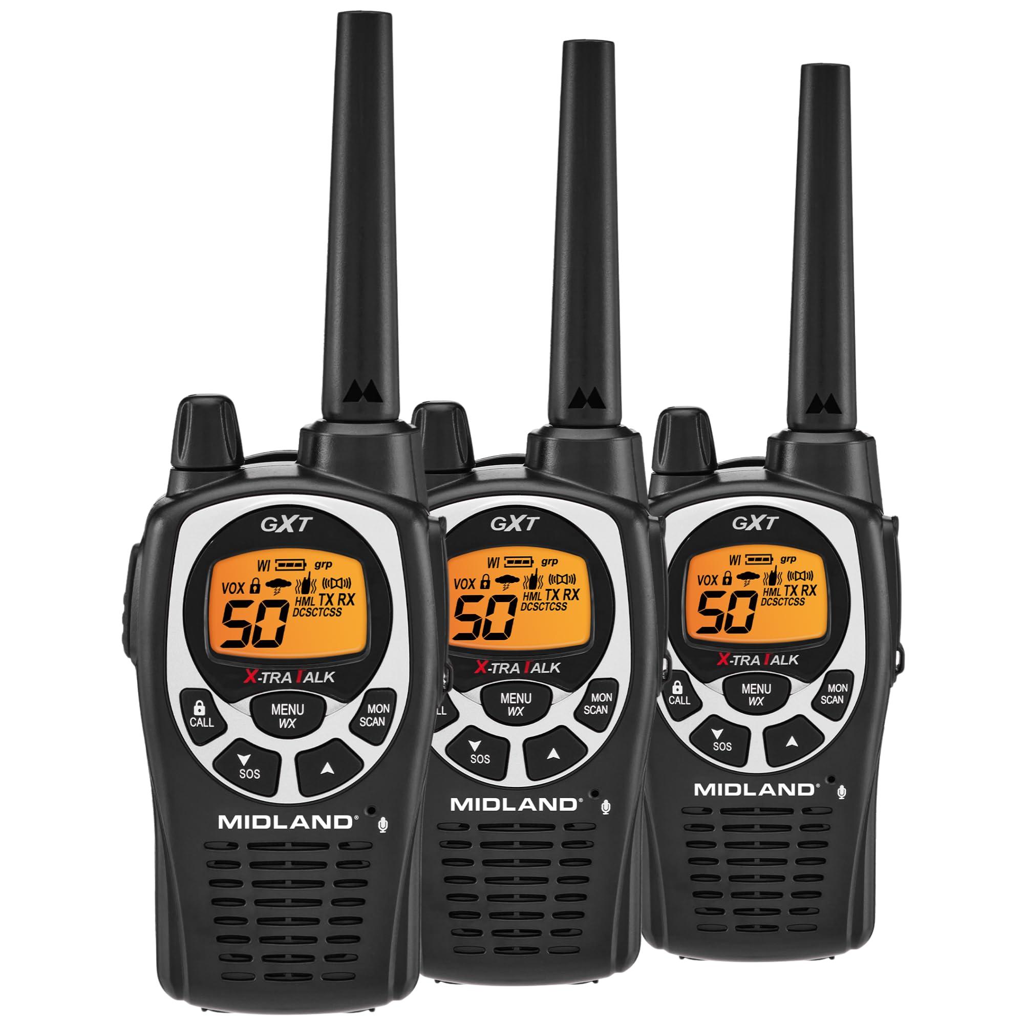Midland Midland GXT1000X3VP4 GMRS Two-Way Radio (50-Channel, Long Range, 142 Privacy Codes, SOS, NOAA, Rechargeable Nickle Battery, Black/Silver, 3-Pack)