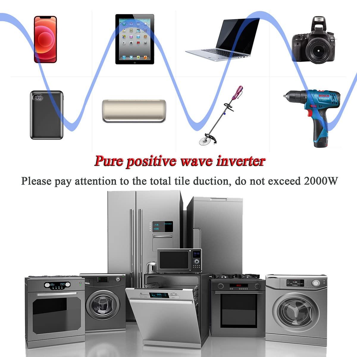 TOOJUN Car Power Inverter Pure Sine Wave DC 12V/24V/48V/60V to AC 120V/220V Transformer Convert with Wired Remote Control (Optional Socket),12V-120V