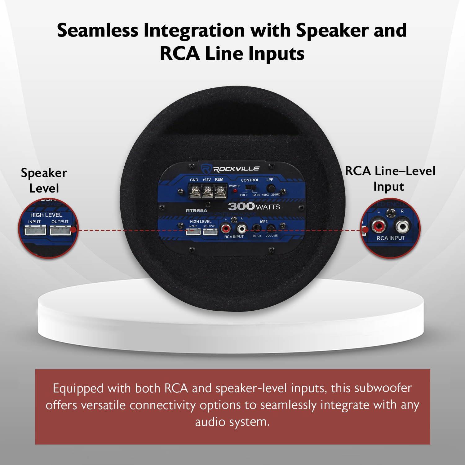 Rockville Rockville RTB65A 6.5\" Powered Subwoofer Bass Tube, 300W Peak, Deep Bass, Built-In Amp, MP3 Input, Crossover, Vented Enclosure, Perfect for Car Audio