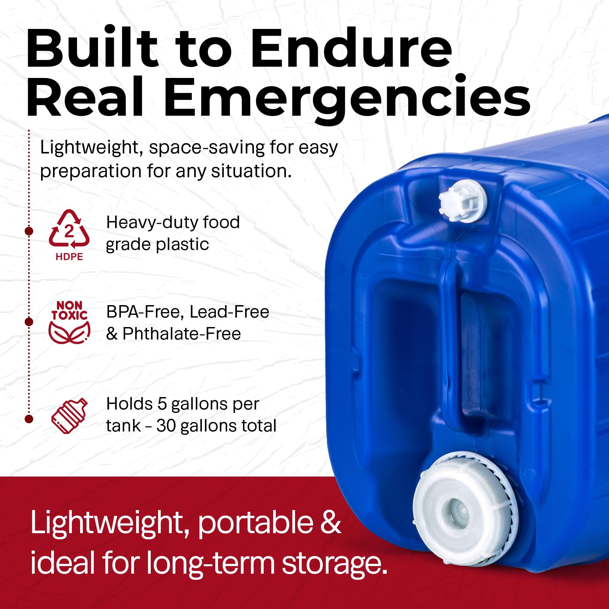 Legacy Premium Emergency Water Storage 5 Gallon Water Tank - BPA-Free, Food Grade, Portable, Stackable, Easy Fill - Survival Supply Water Container (6 Tanks (30 Gallons))