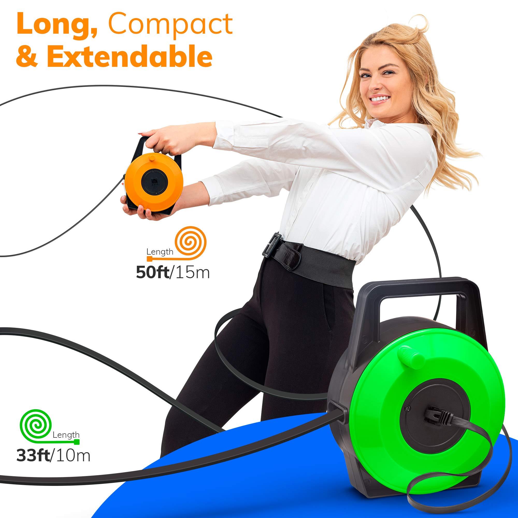 EXTNGO EXTNGO Retractable Network Cable Extender, 50 Ft (15 Meter) CAT 6 Ethernet Cable Flat-Portable 1Gbps Data Speed-Swiftly Setup Temp Networks-Cascadable Male-Female RJ45 Connector-UTP Cable Reel