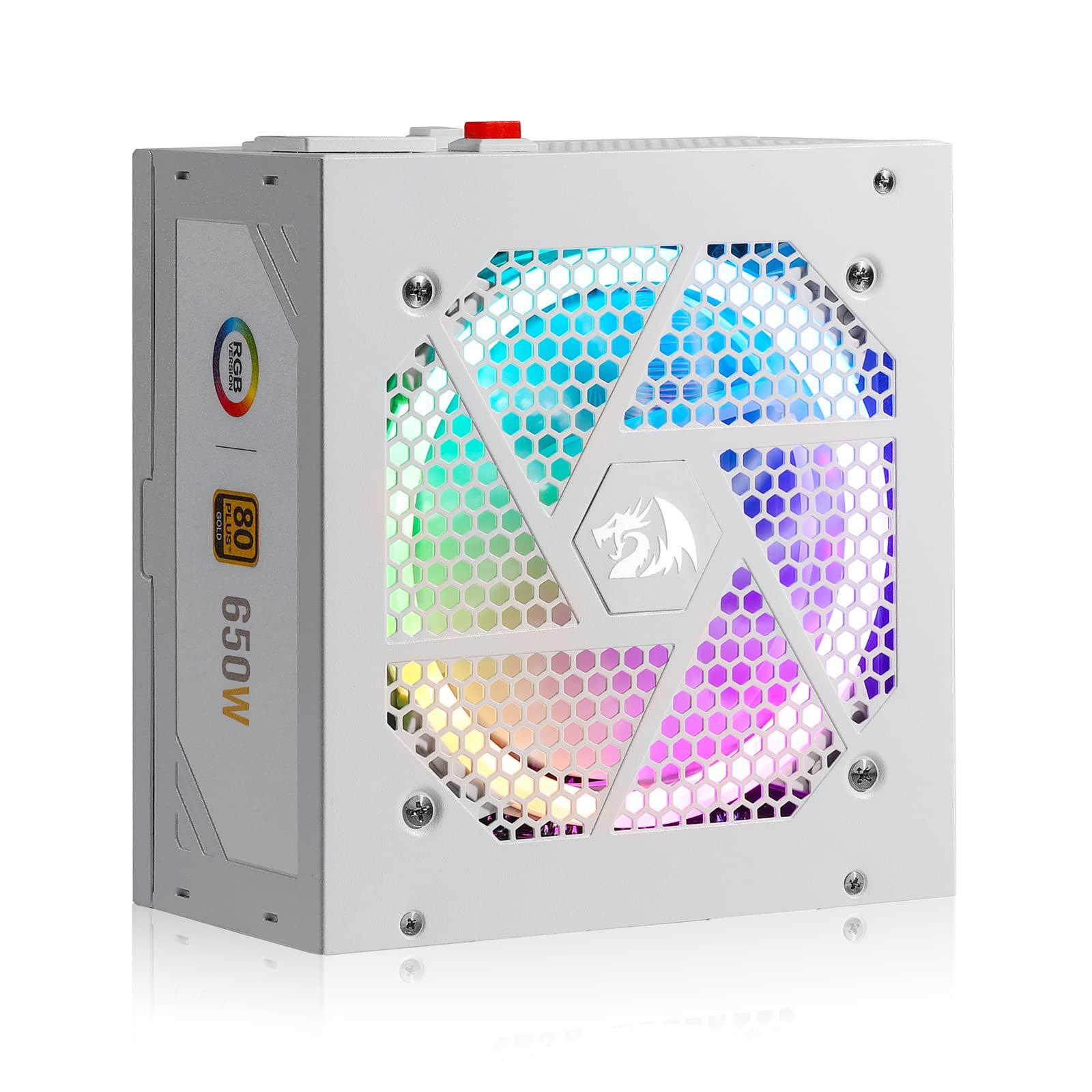 Redragon Redragon RGPS-650W 80+ Gold 650 Watt ATX Fully Modular Power Supply w/ 80 Plus Gold Certified, Compact 160mm Size and Low Noise RGB Fan 0 RPM, 100% Japanese Capacitors, Full Mod Cables, White