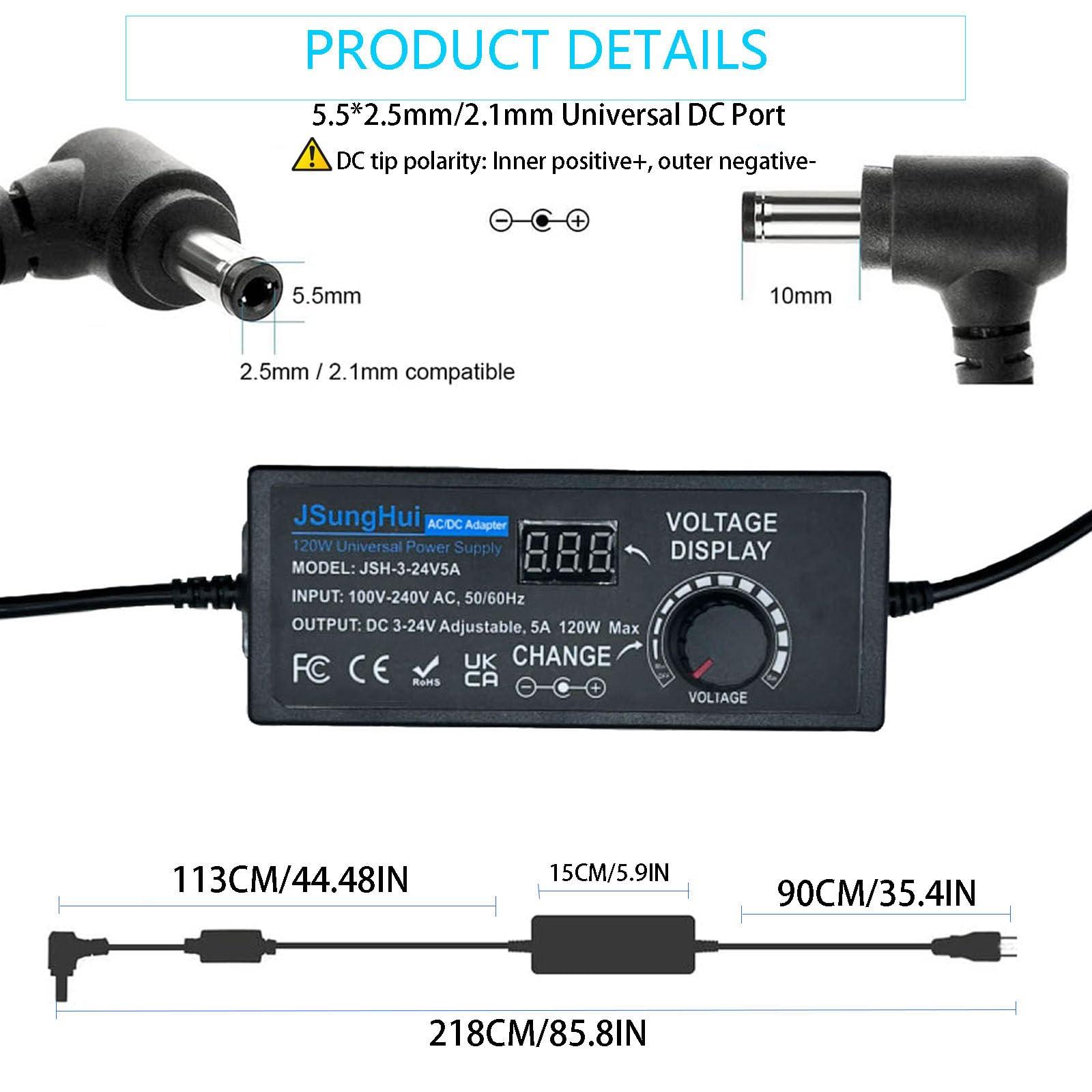 JSungHui 24V 5A 120W Universal Power Supply Adjustable DC 3V ~ 24V Variable Switching AC/DC Adapter 100V-240V AC to DC 24V 5A 120W Converter with 14 Tips & Polarity Converter - 5A Max