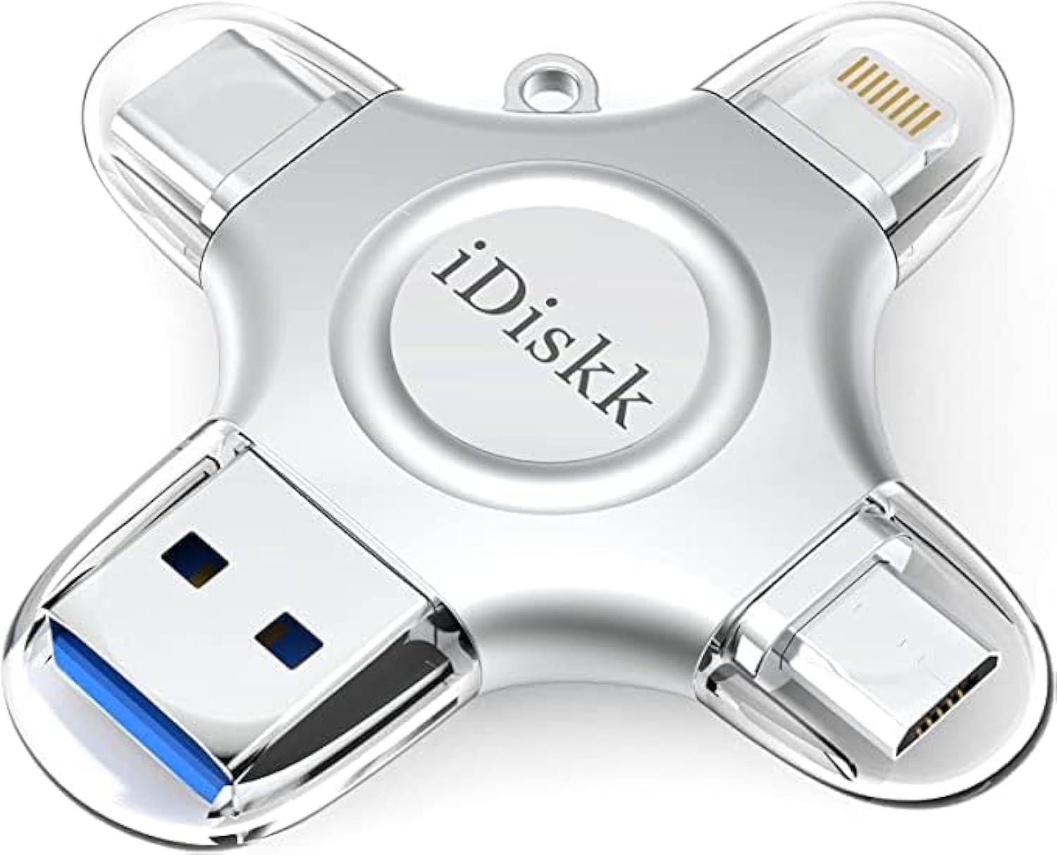iDiskk [MFi Certified] 128GB Flash Drive for iPhone iPad USB 3.0 Lightning Drive 4 in 1 Multi Functional External Storage for iOS and Android Samsung Phones Type c Devices and MacBook idiskk Thumb Drive