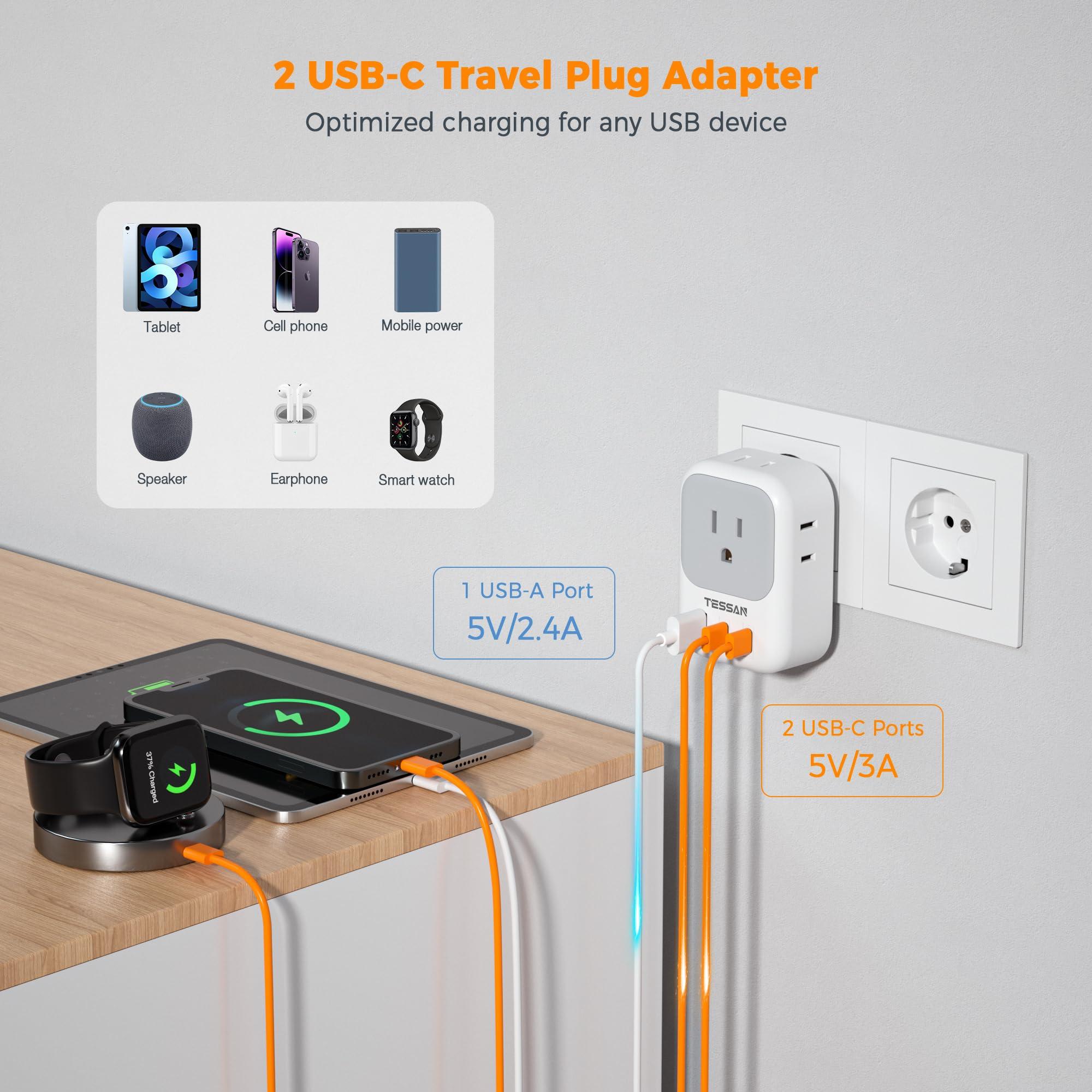 TESSAN TESSAN European Travel Plug Adapter USB C, Type C Power Adaptor with 4 AC Outlets for USA to EU Italy Iceland Spain France Greece Germany