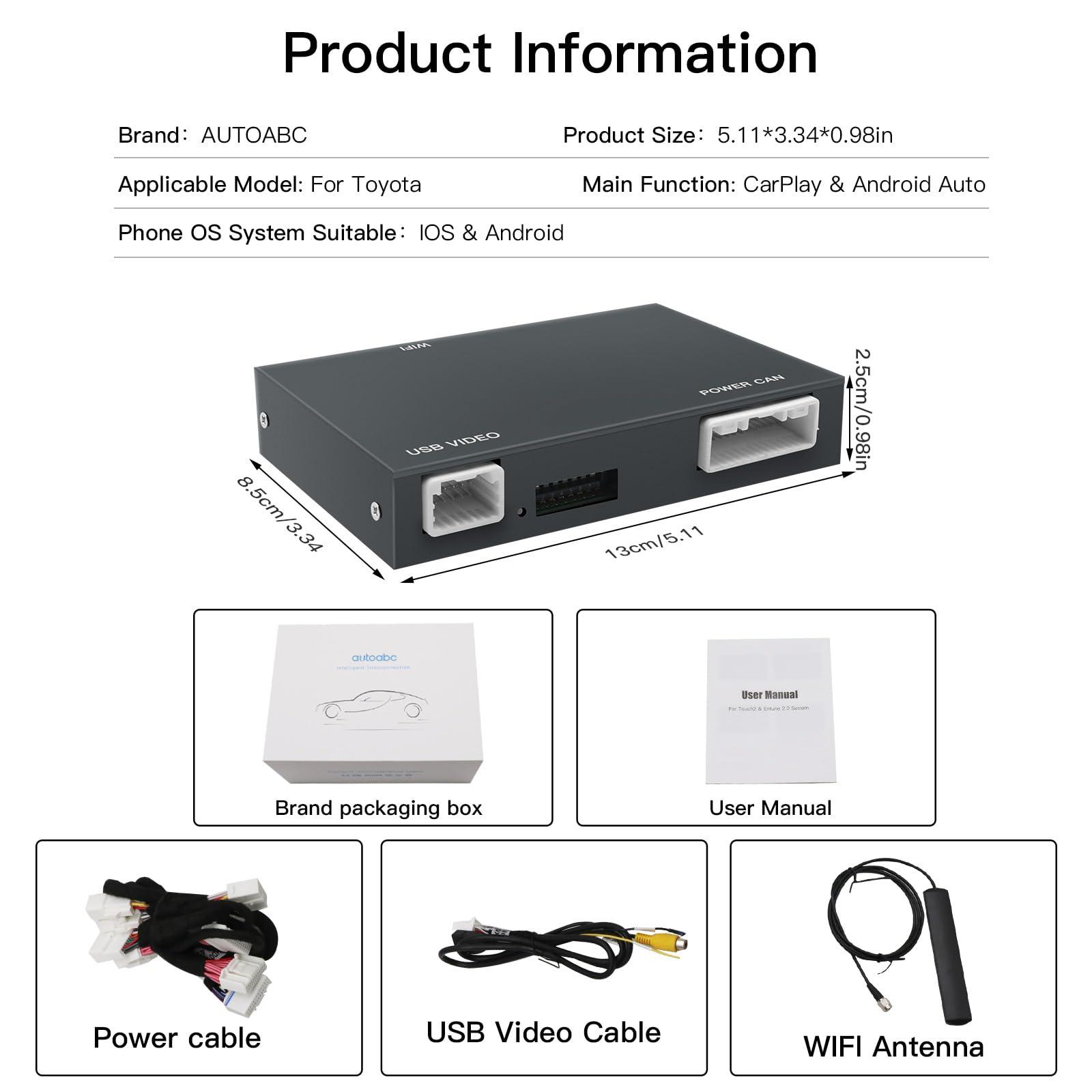 autoabc Wireless Carplay/Android Auto Adapter for Toyota with Entune2.0 & Touch2 2014-2019 New Version Retrofit Kit Decoder Fits for Tundra/Highlander/RAV4/Tacoma/Camry/Corolla/Avalon/Prius/CH-R/Sienna/Camry
