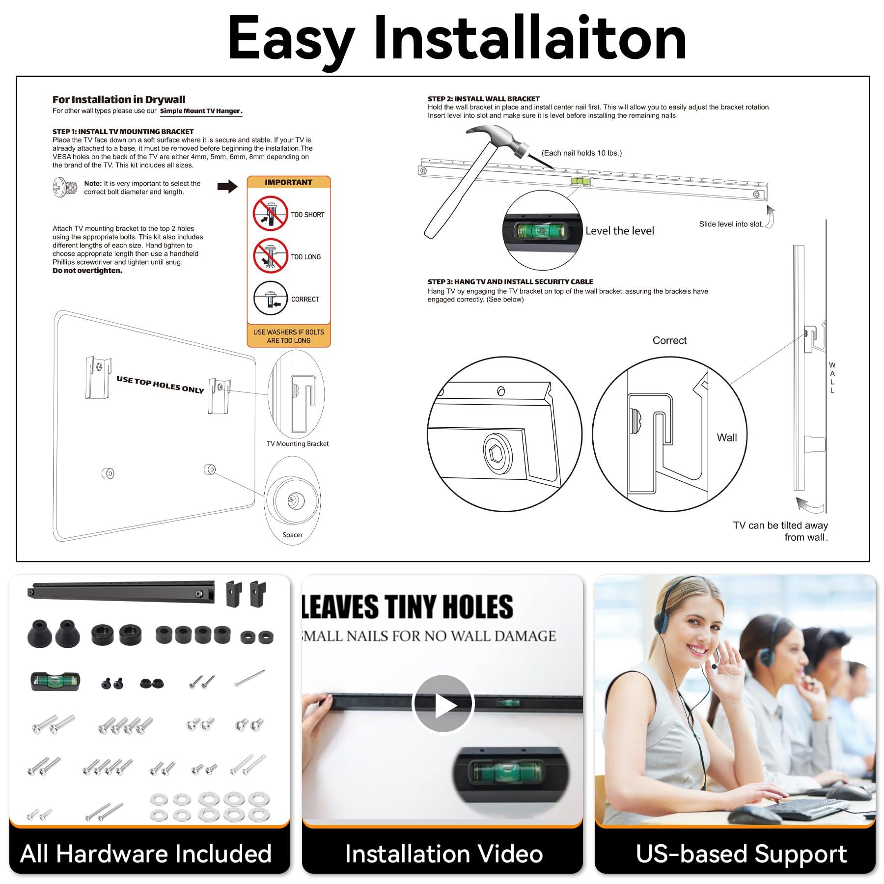 AENTGIU AENTGIU No Stud TV Wall Mount, Drywall TV Mount for 22-55 inch TVs, Max Load 100 lb Drywall Studless TVs Hanger, No Drill, No Anchors, Easy Install with All Hardware Included