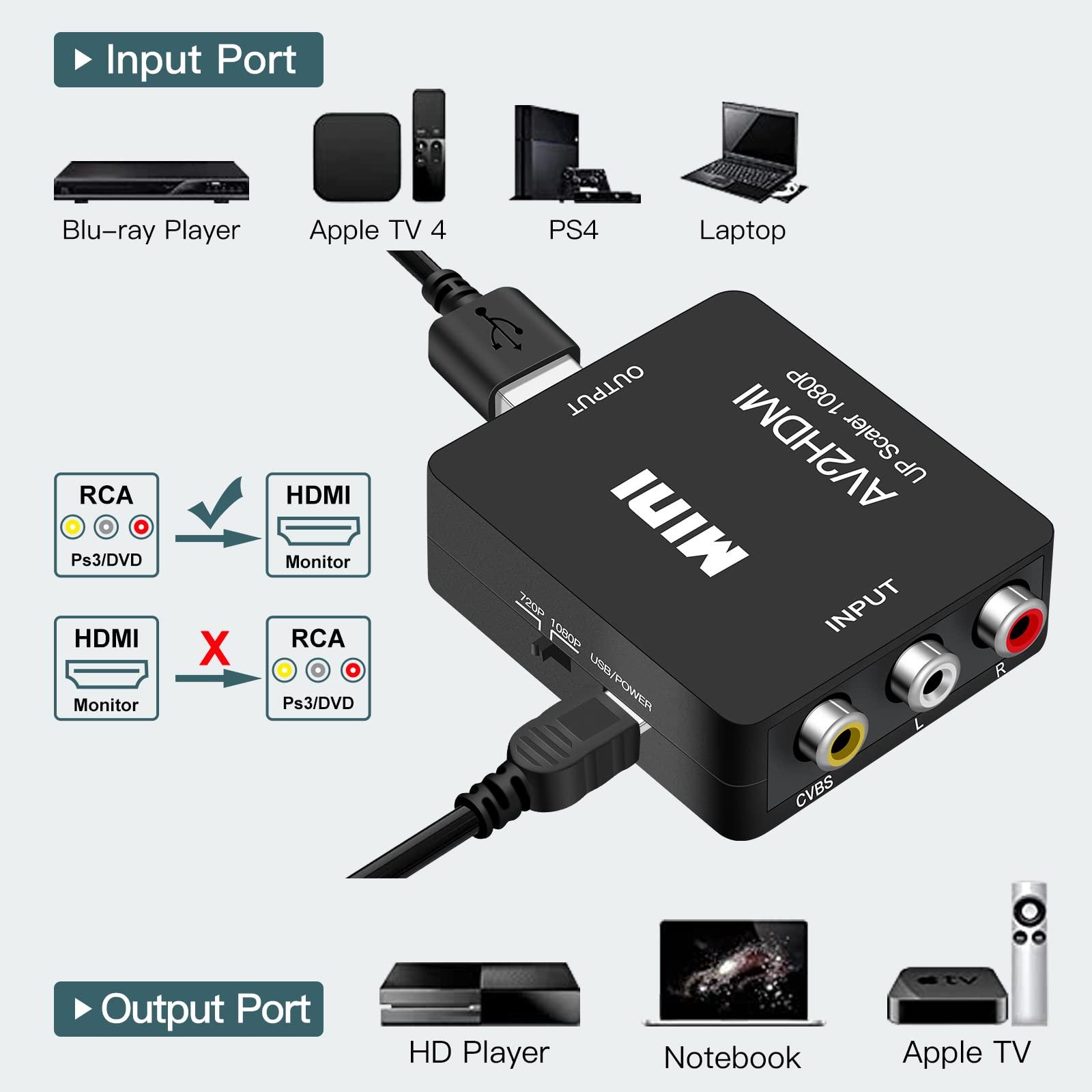 Runbod Runbod RCA to HDMI Converter, AV2Hdmi 1080P RCA Composite CVBS AV to HDMI Video Audio Converter Box for PS2 Wii Xbox VHS VCR Camera DVD Players, Support PAL/NTSC with USB Charge Cable (Black)