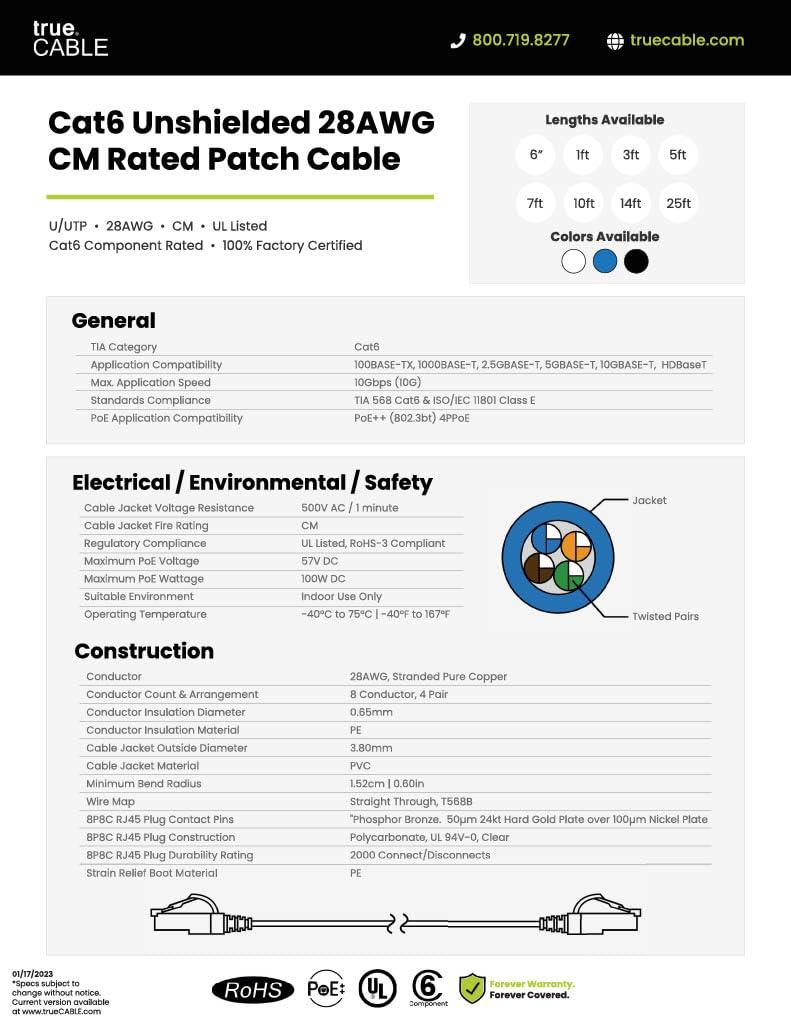 TRUE CABLE trueCABLE Cat6 Component Rated Patch Cable, Unshielded U/UTP, CM Rated, UL Listed, PoE++, 28AWG 4/PR, Blue, 25ft, 1 Pack