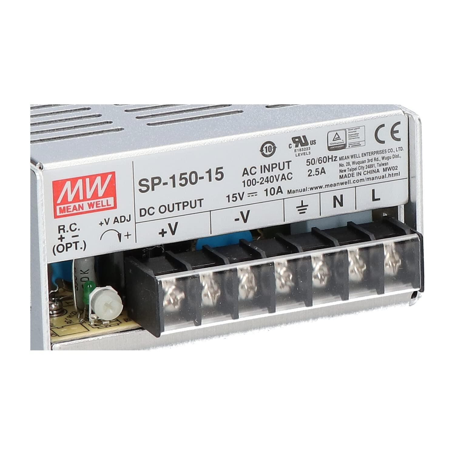 MEAN WELL Mean Well SP-150-15 Power Supply, Single Output, 15 Volt, 10 Amp, 150 Watt, 7.0" L x 3.9" W x 2.0" H, Silver