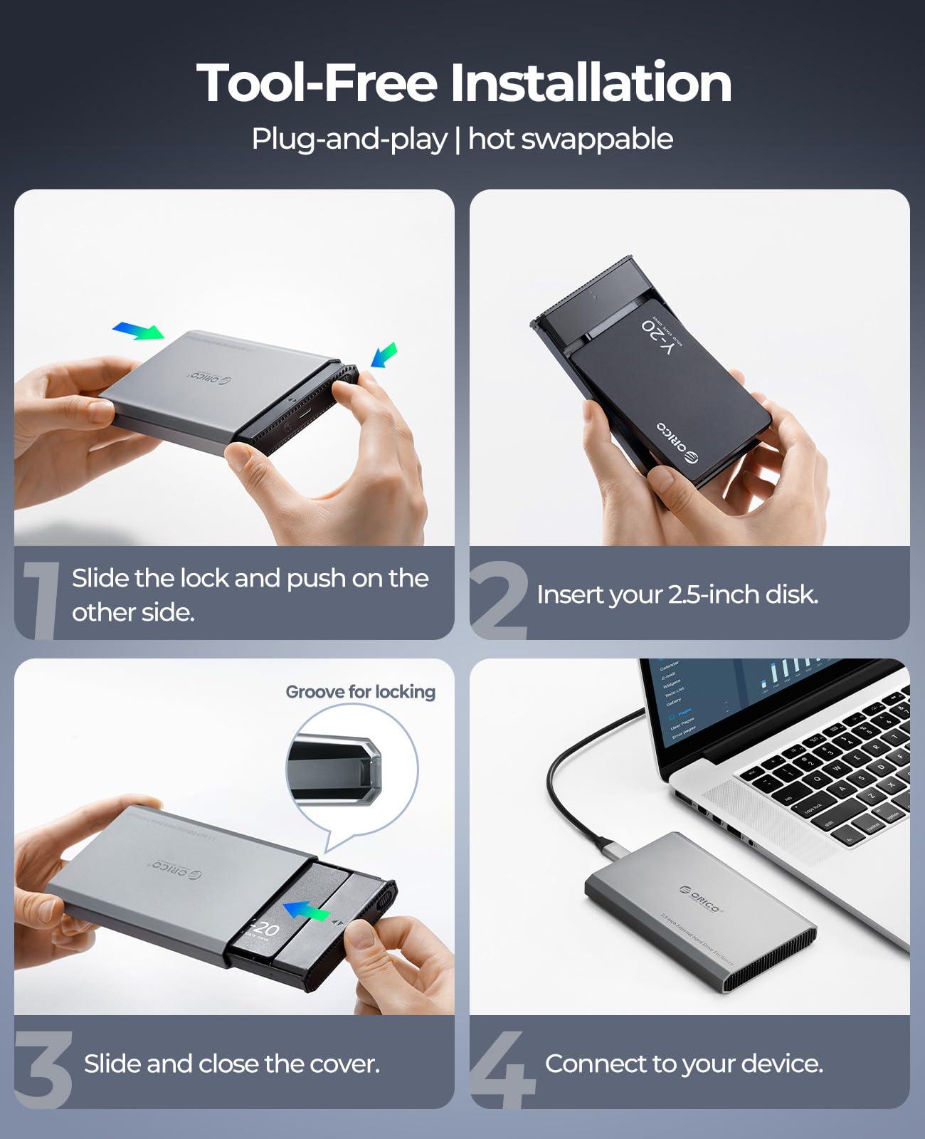 ORICO ORICO 512GB 2.5 Inch SATA SSD and Aluminum USB C Hard Drive Enclosure Bundle