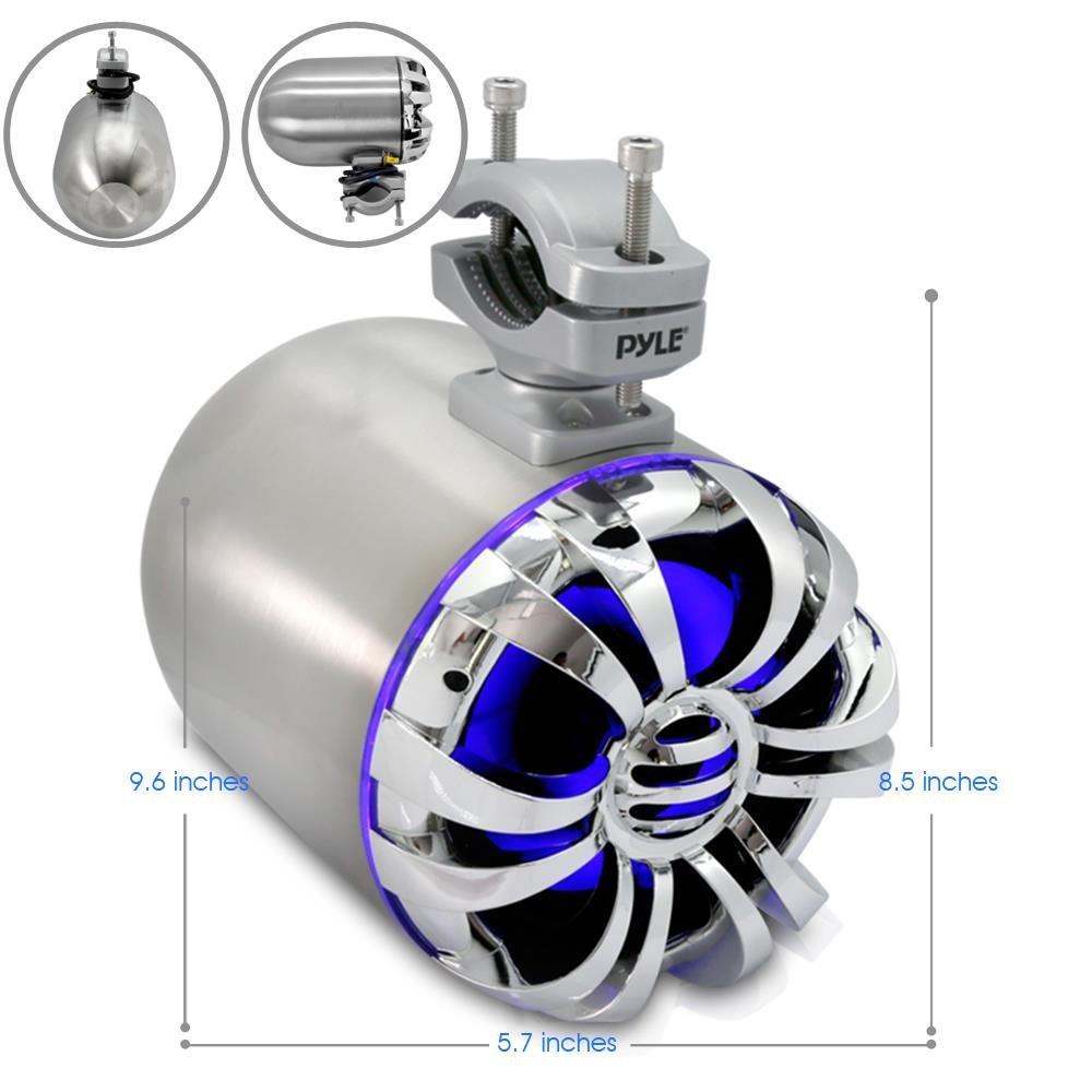 Pyle Pyle Marine Speakers - 5.25 Inch Waterproof IP44 Rated Wakeboard Tower and Weather Resistant Outdoor Audio Stereo Sound System with Built-in LED Lights - 1 Pair in Silver (PLMRWB50L)