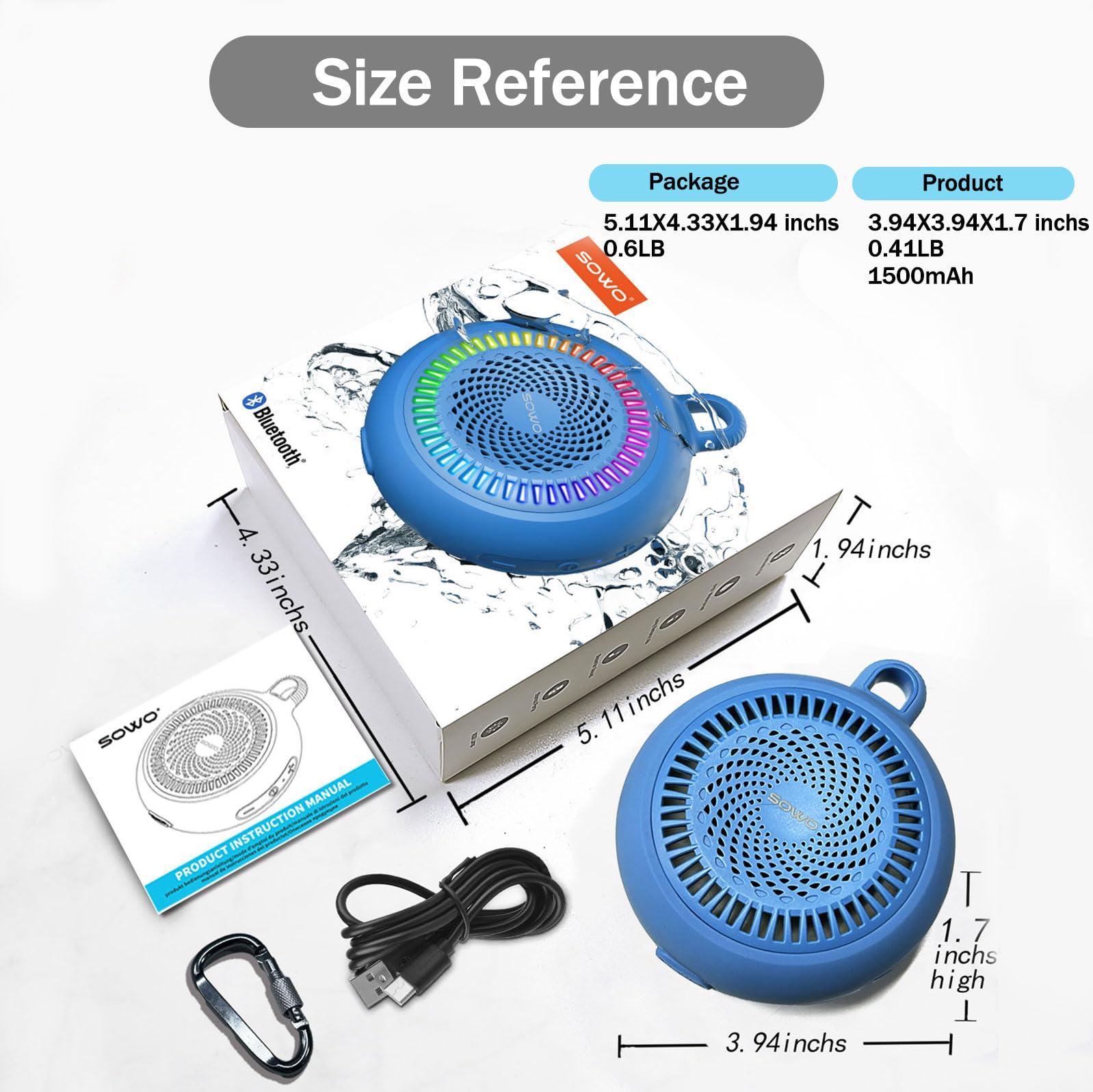 SOWO SOWO Bluetooth Shower Speaker Waterproof - Small Portable Speaker Wireless with Louder Volume and Powerful Bass - Colorful Lights and 10H Playtime - Lightweight with Carabiner and TWS - Blue