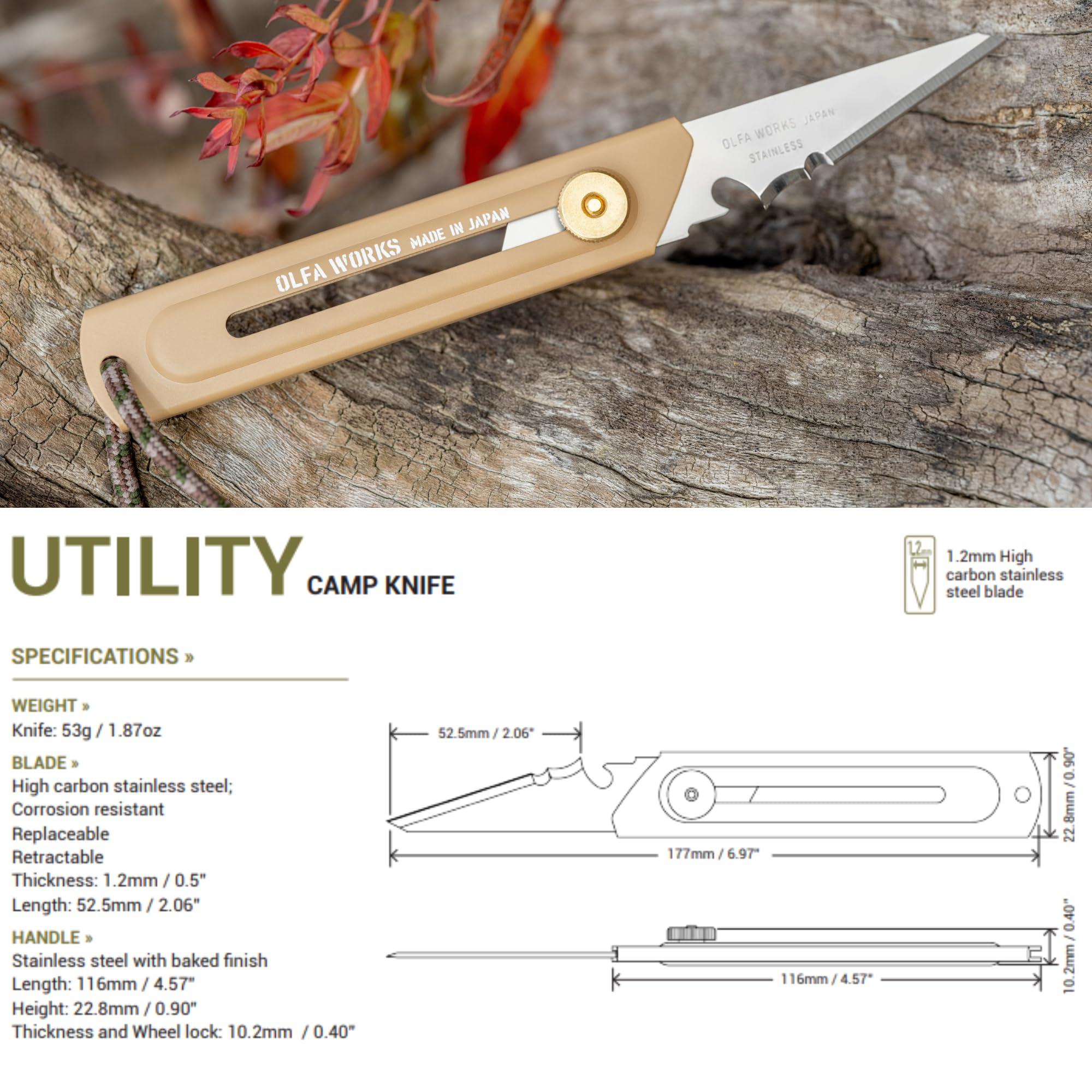 OLFA OLFA WORKS OW-UCK-1/SB Utility Camp Knife High Carbon Stainless Steel Blade - Multipurpose Outdoor Knife, Great for and Camping Activities - Brass Wheel Lock, Replacement Blade: OWB-UCB-1 (Sand)