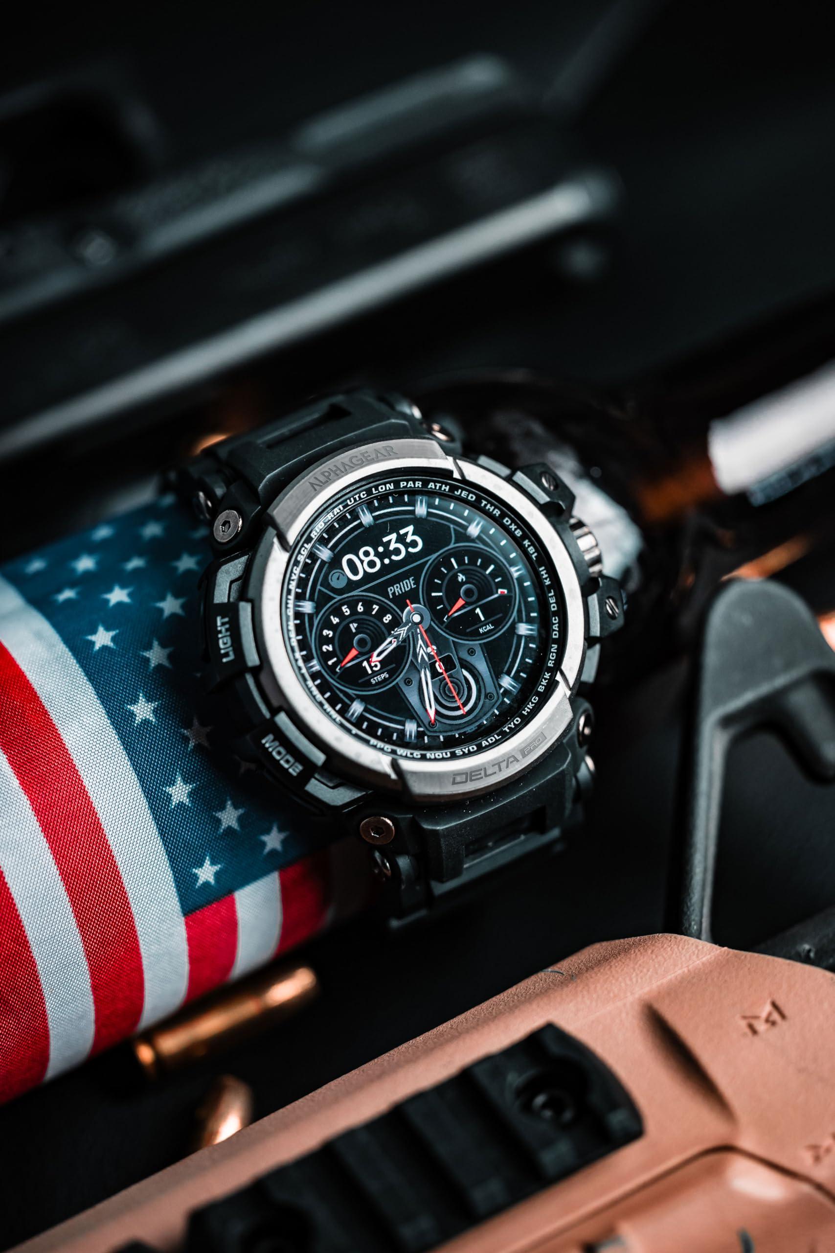 ALPHAGEAR ALPHAGEAR Delta PRO Smartwatch for iPhone & Android, Rugged Smart Watch (Answer/Make Call), Wellness Tracker with 1.58" AMOLED Screen, 10-14 Days Battery, 5 ATM (2xScreen Protector Included)