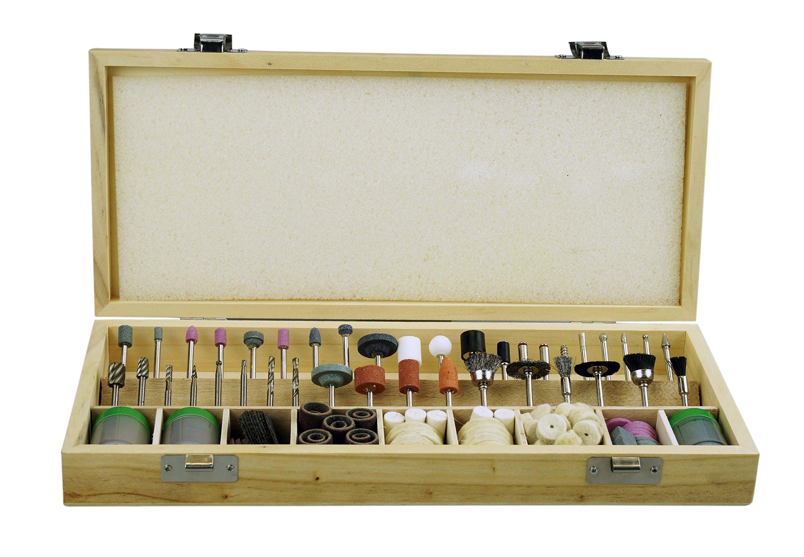 SE SE 228-Piece Rotary Tool Accessories Kit with 1/8\" Shank - Comprehensive Set for Polishing, Drilling, Engraving - Includes Sanding Bands, Grinding Stones, Woolen Wheels, and Wooden Case - RA9228