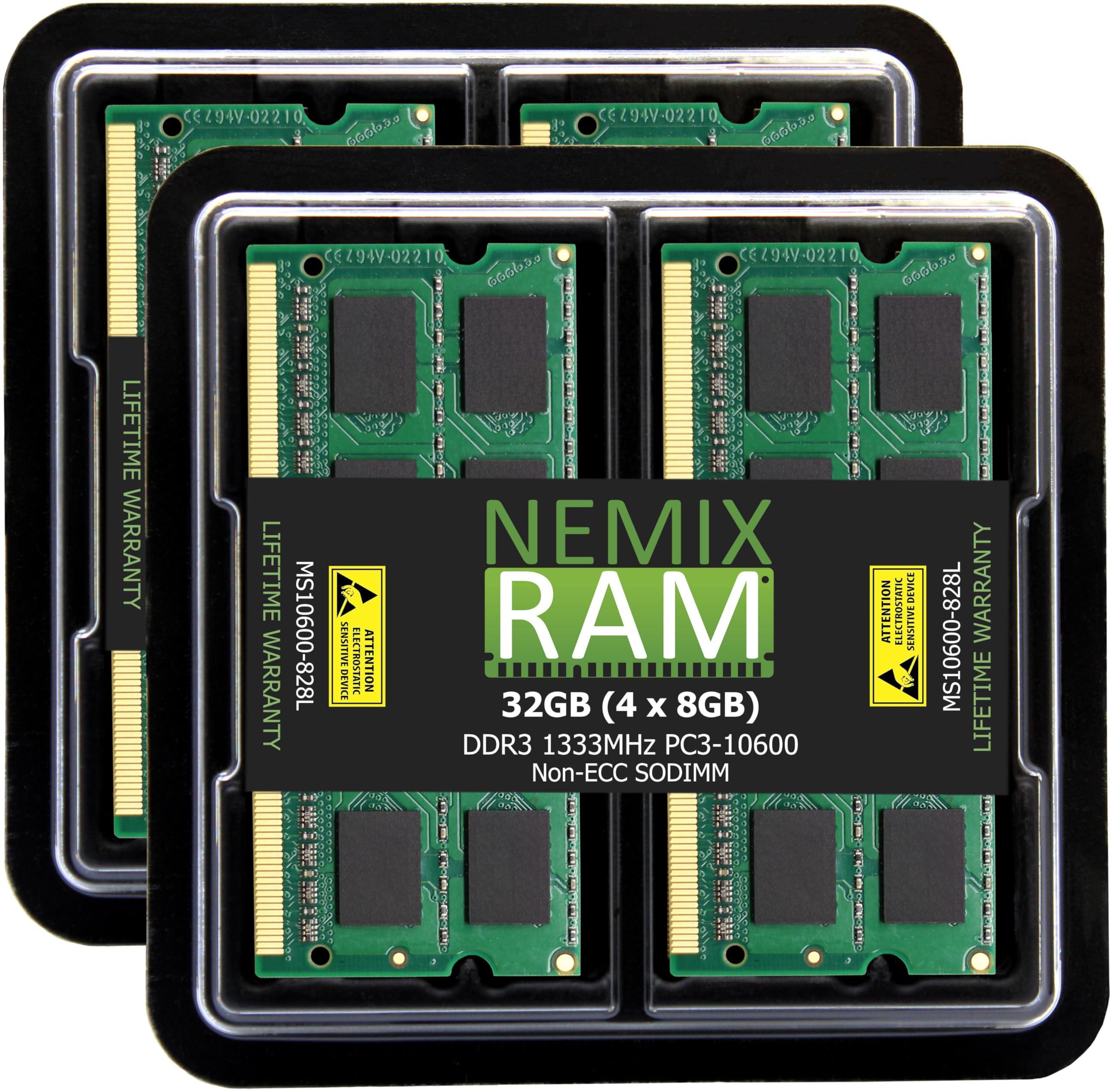 NEMIX RAM NEMIX RAM 32GB (4X8GB) DDR3 1333MHZ PC3-10600 2Rx8 1.35V 204-PIN Non-ECC SODIMM Laptop PC Memory KIT