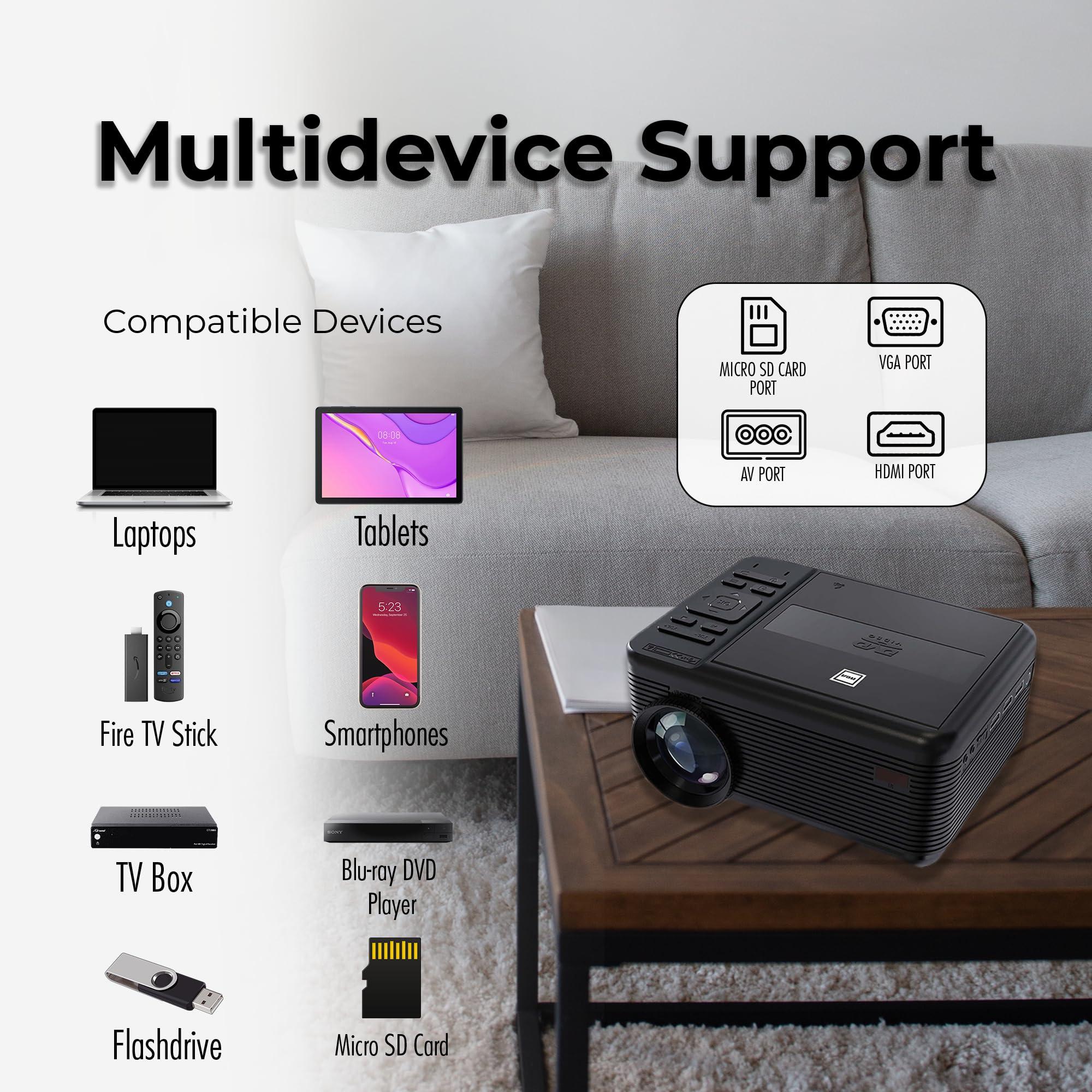 RCA RCA DVD PROJECTOR WITH SPEAKER BUILT IN - Mini Portable Projector with Bluetooth - Indoor/Outdoor Projector and Screen Package - HDMI/AV/VGA/Micro SD Compatible - Quiet Fan System - 1920x1080 Res
