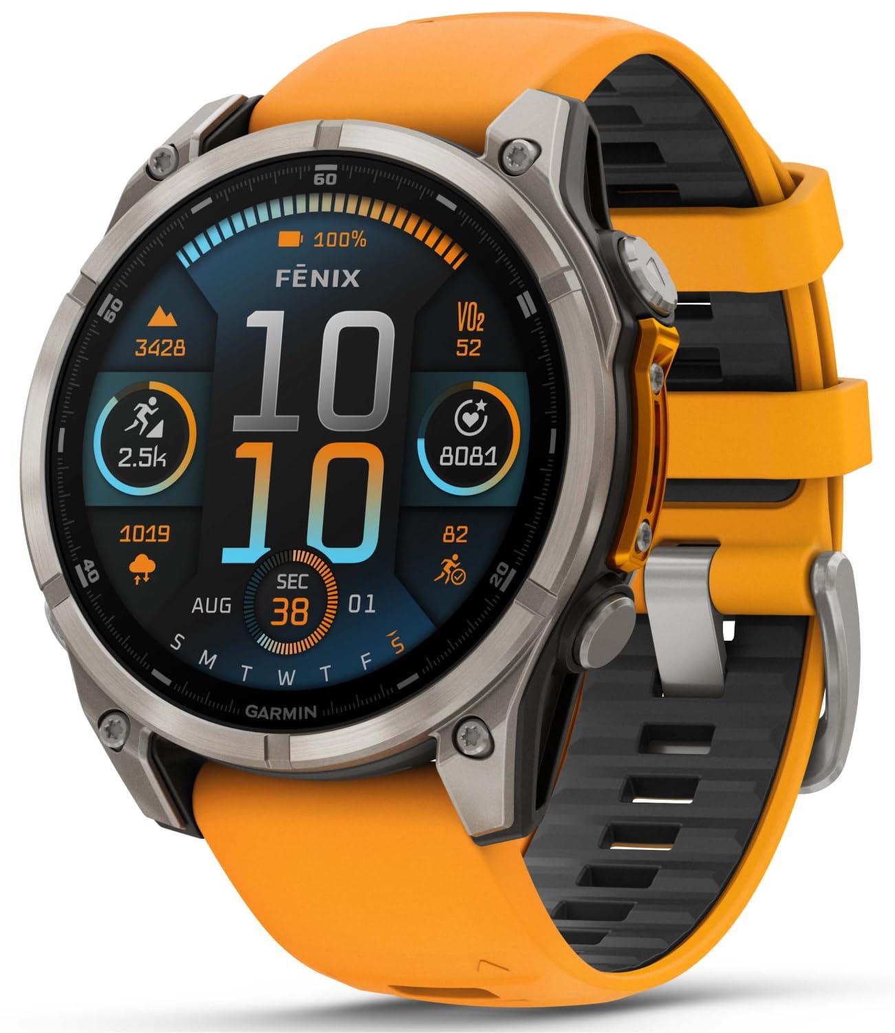 Wearable4U Garmin Fenix 8 47 mm, AMOLED Sapphire Multisport GPS Smartwatch,Titanium with Spark Orange/Graphite Silicone Band, Built-in LED Flashlight with Wearable4UBlack Earbuds Bundle