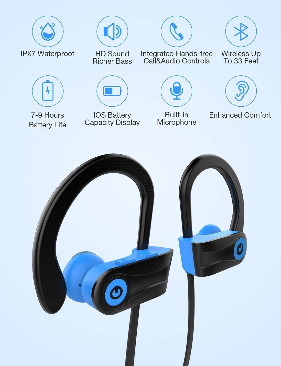 Otium Bluetooth Headphones, Otium Wireless Sports Earbuds, Waterproof IPX7 w/Mic, HD Stereo in-Ear Earphones, Case, Fast Pairing, Gym Running Workout, 10 Hrs Battery Noise Cancelling Headsets