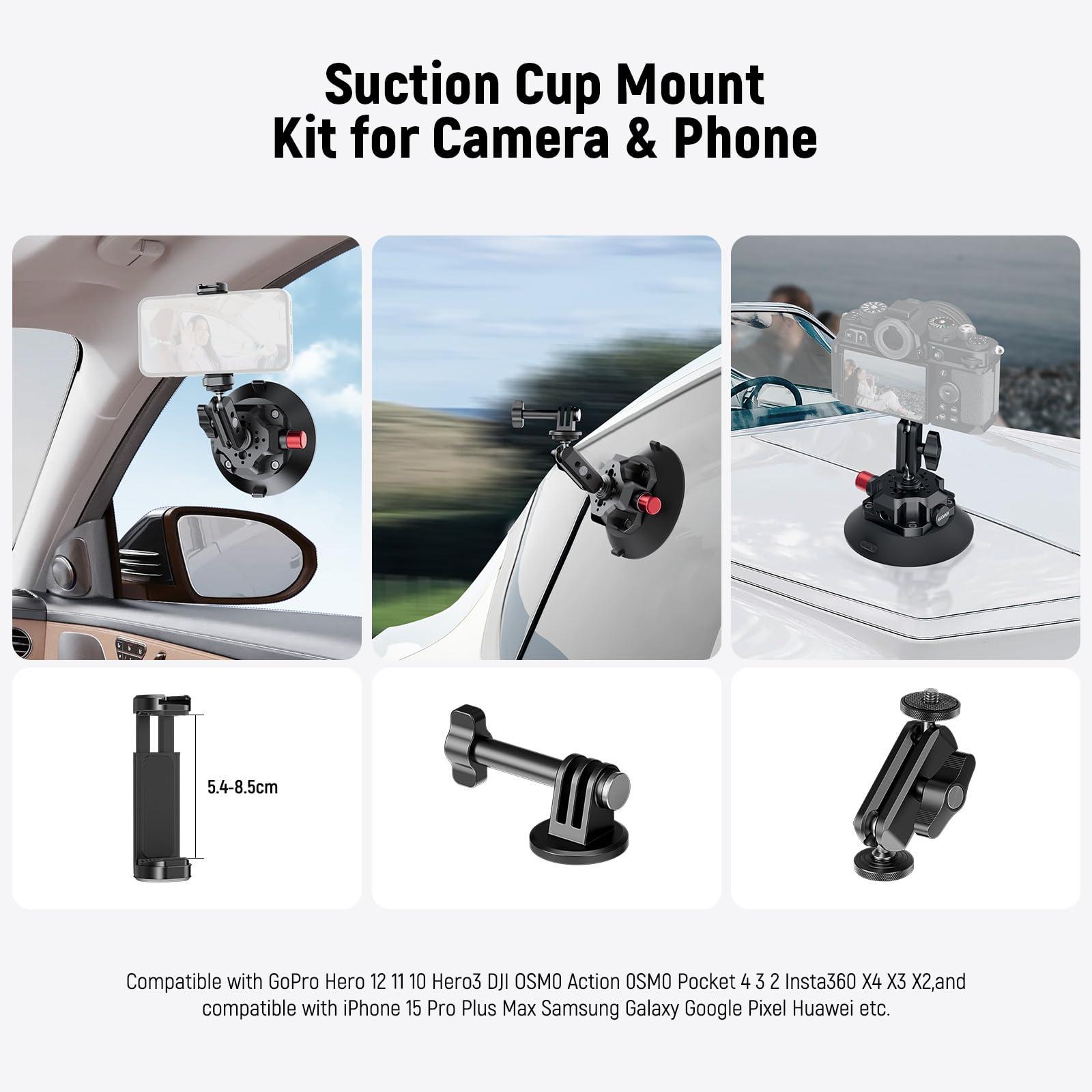 NEEWER NEEWER 4.5" Suction Cup Camera Mount with Ball Head Magic Arm, 1/4" 3/8" ARRI Holes, Quick Release Car Mount with Phone Holder & Action Cam Adapter Compatible with iPhone DJI Insta360, CA105