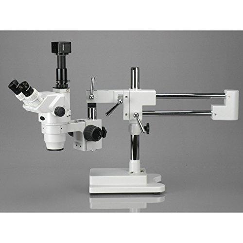 AmScope AmScope ZM-4TX Professional Trinocular Stereo Zoom Microscope, EW10x Eyepieces, 3.35X-45X Magnification, 0.67X-4.5X Zoom Objective, Ambient Lighting, Double-Arm Boom Stand, Includes 0.5X Barlow Lens