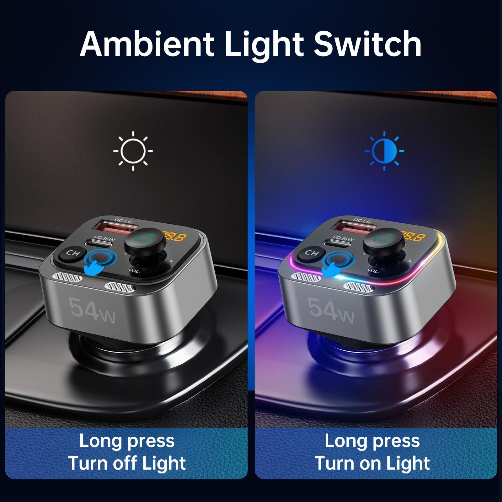 SYNCWIRE Syncwire Bluetooth 5.4 FM Transmitter Car Adapter 54W (PD 36W & 18W) [Stronger Dual Mics] [Light Switch] [HiFi Bass Sound] [Fast Charging] Wireless Radio Receiver Hands-Free Calling LED Display
