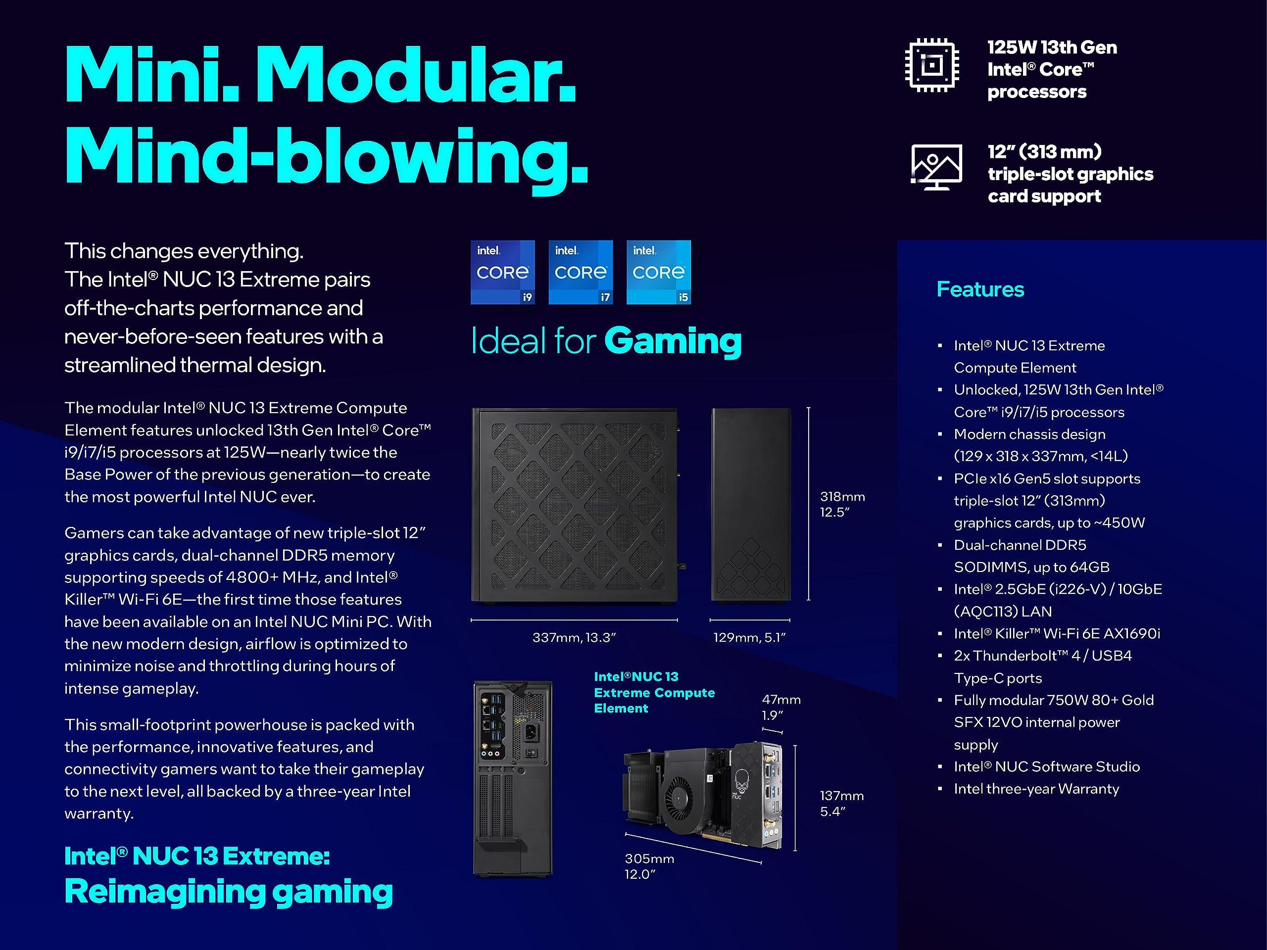 WEELIAO Intel NUC 13 Extreme Compute Kit NUC13RNGi5 Gaming Mini PC Gamer Desktop Computer, 13th Gen Core i5-13600K,up to 5.1 GHz,14 cores, WiFi 6, Bluetooth 5.2, BROAG HDMI Cable (Barebone NO RAM,SSD,OS)