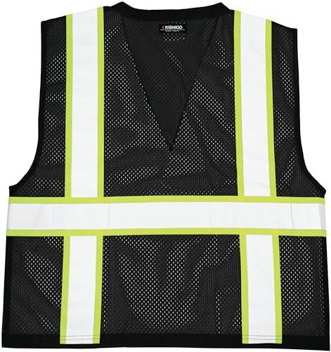 ML Kishigo Kishigo Black Enhanced Visibility Unisex Vest B100, Multi Pocket Mesh Hi-Vis Vest, Ultra-Cool Polyester Material, 6 Pockets, Zipper Front Closure, Construction Work Safety Vest (Black EV, LG-XL)
