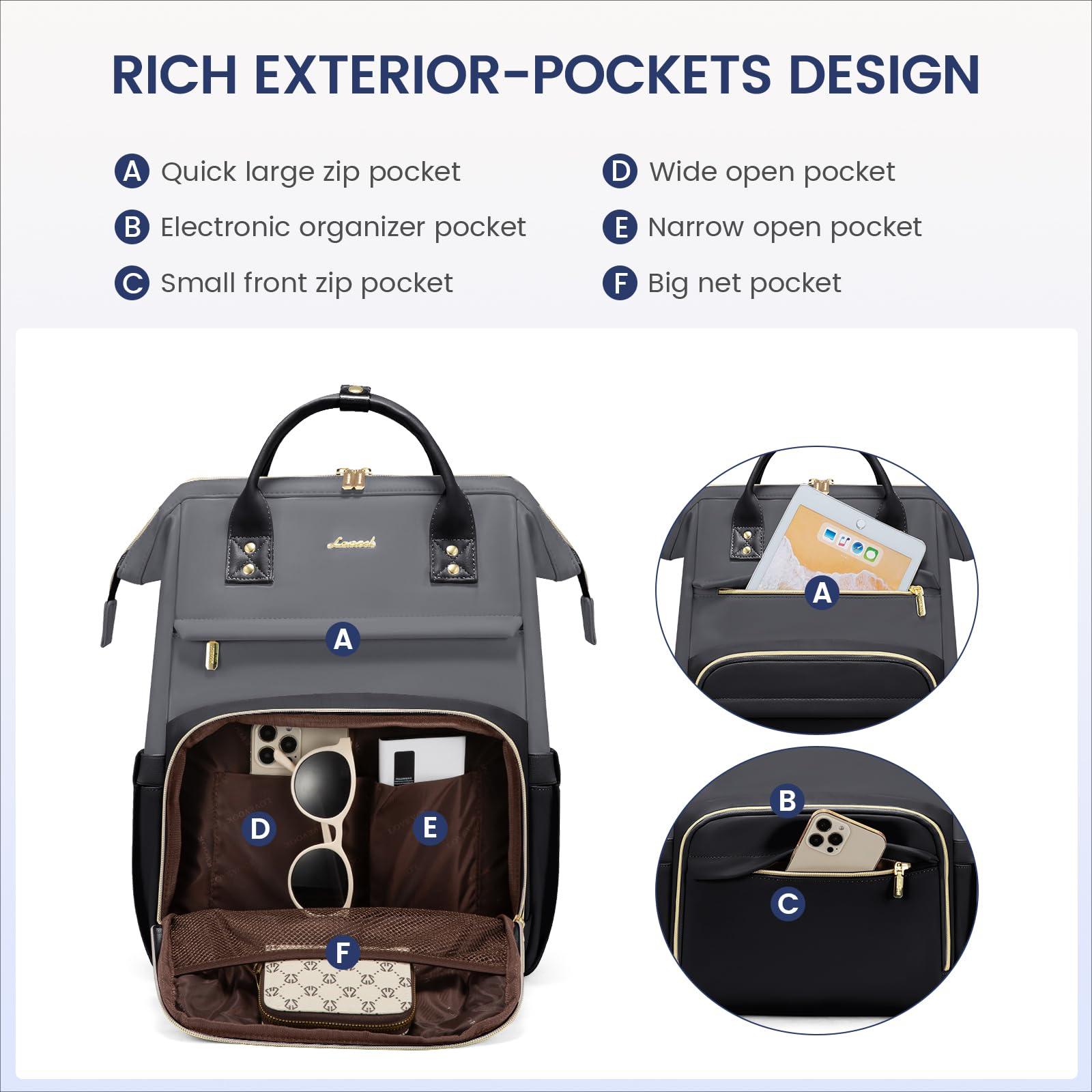 LOVEVOOK LOVEVOOK Leather Backpack for Women,15.6 inch Leather Laptop Backpacks Women,Professional Work Backpacks Nurse College Teacher Bag,Womens Laptop Bag Computer Travel Backpack Purse,Smoky Gray-Black