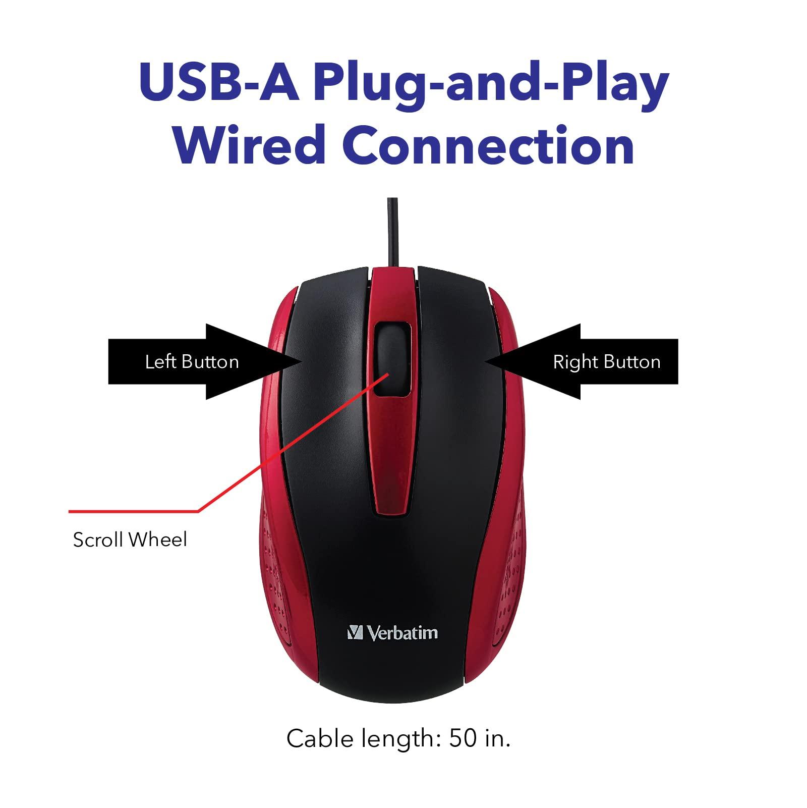 Verbatim Verbatim Wired USB Computer Mouse - Corded USB Mouse for Laptops and PCs - Right or Left Hand Use, Red 99742, 1.4\" x 2.4\" x 3.9\"