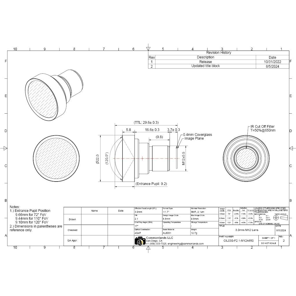 Commonlands Low Distortion 3.0mm M12 Lens, Wide-Angle, 8MP+, for up 1/1.7\" Sensors/Commonlands CIL030-F2.1-M12A650