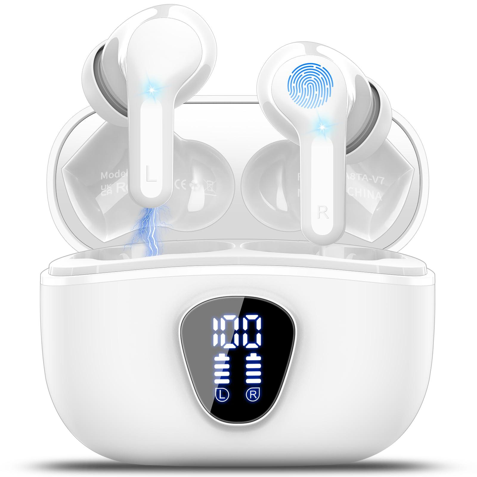 BESNOOW Wireless Earbuds Bluetooth 5.3 Headphones, 40H Playback HiFi Stereo Ear Buds with LED Display, ENC Noise Cancelling Earbuds, IP7 Waterproof in-Ear Earphone for iOS Andriod Sport/Workout/Running/White