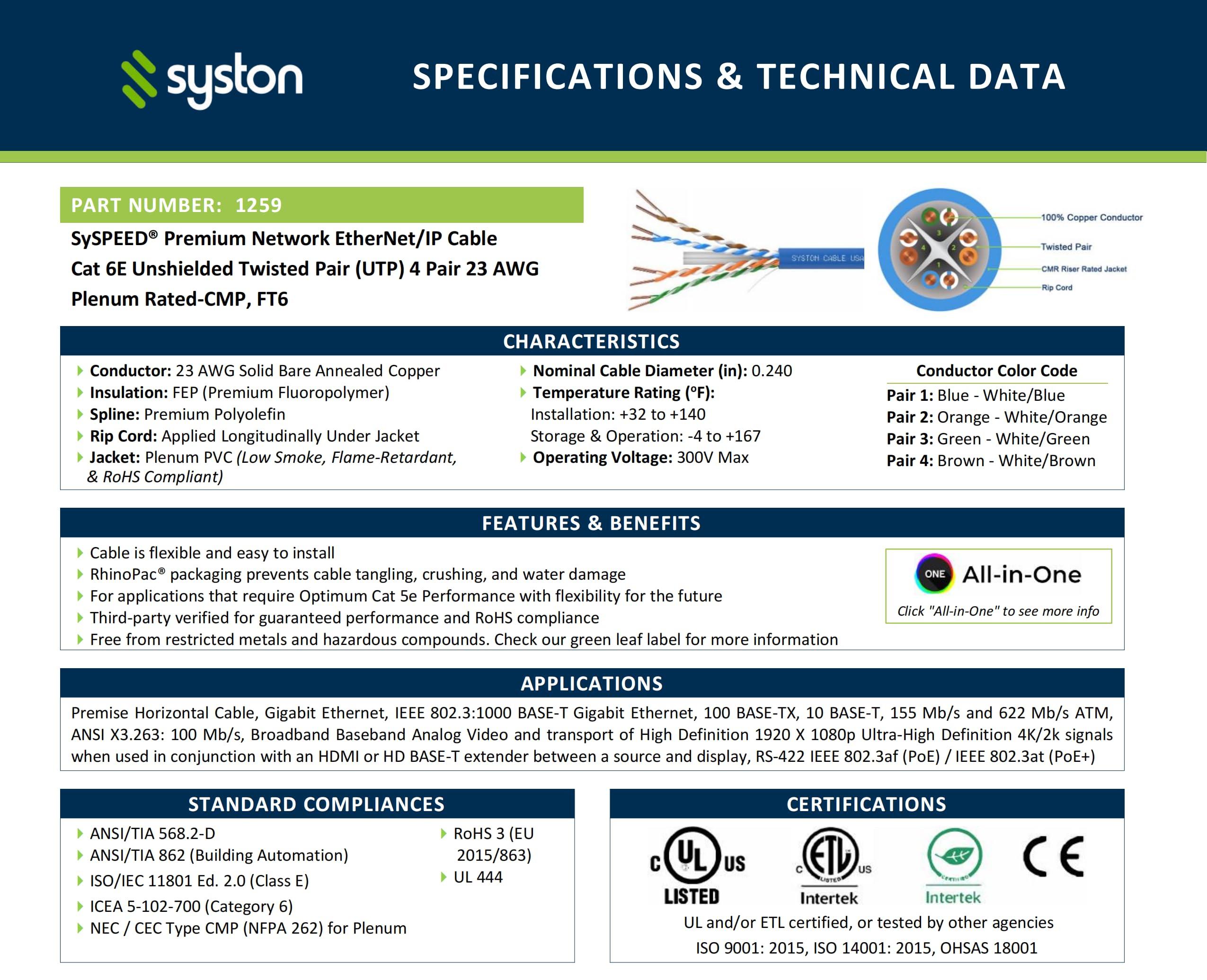 Syston Cable Technology Syston Cable Technology Cat6e Ethernet Internet Cable - 150 FT600MHz 23AWG Solid Bare Copper Wire Outdoor/Indoor Suit, No Ends 10 Ft to 1000 Ft Available, Heat Resistant Plenum Rated - CMP