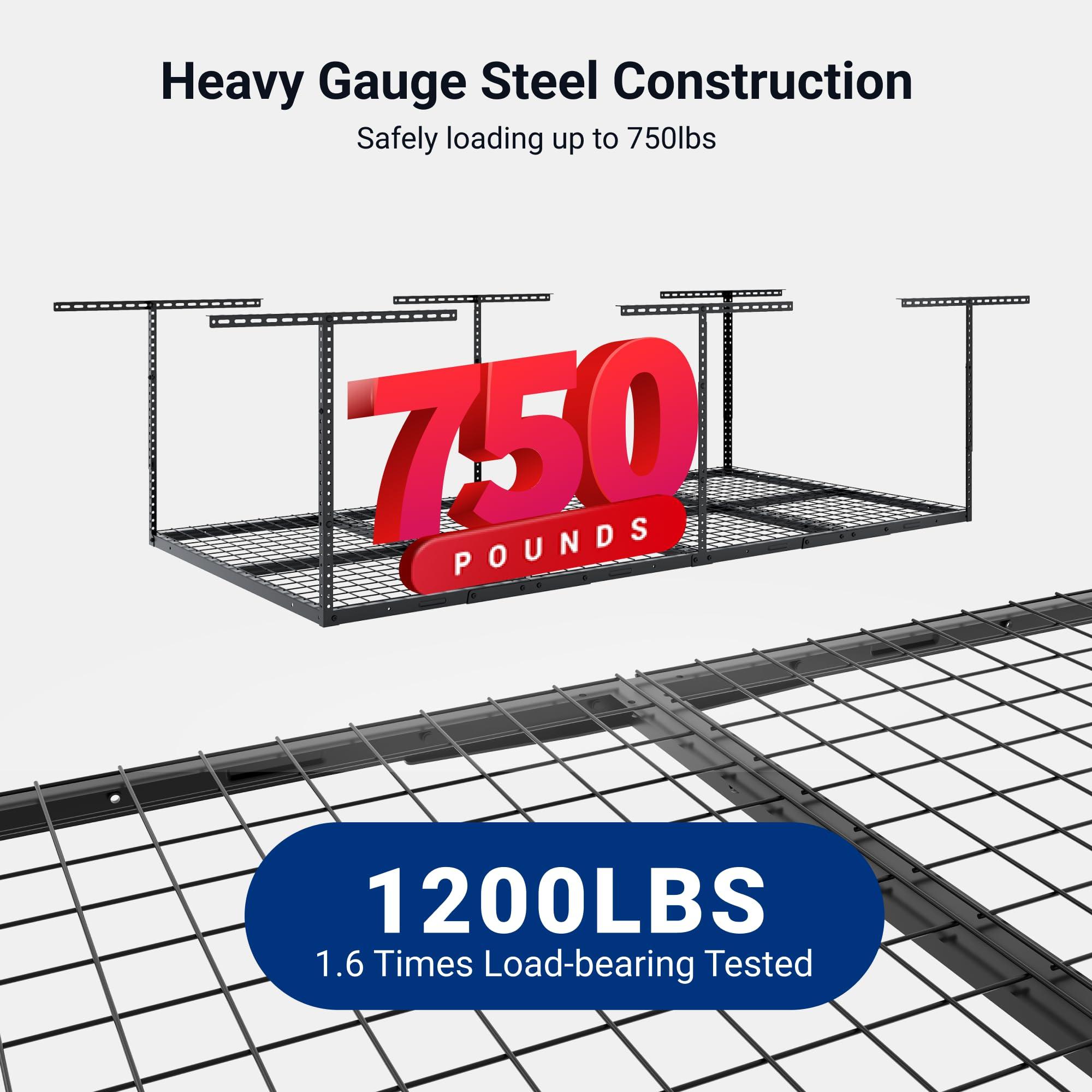 FLEXIMOUNTS FLEXIMOUNTS 4x8 Overhead Garage Storage Rack, Adjustable Garage Storage Organization Systerm, Heavy Duty Metal Garage Ceiling Storage Racks, 600lbs Weight Capacity, Black