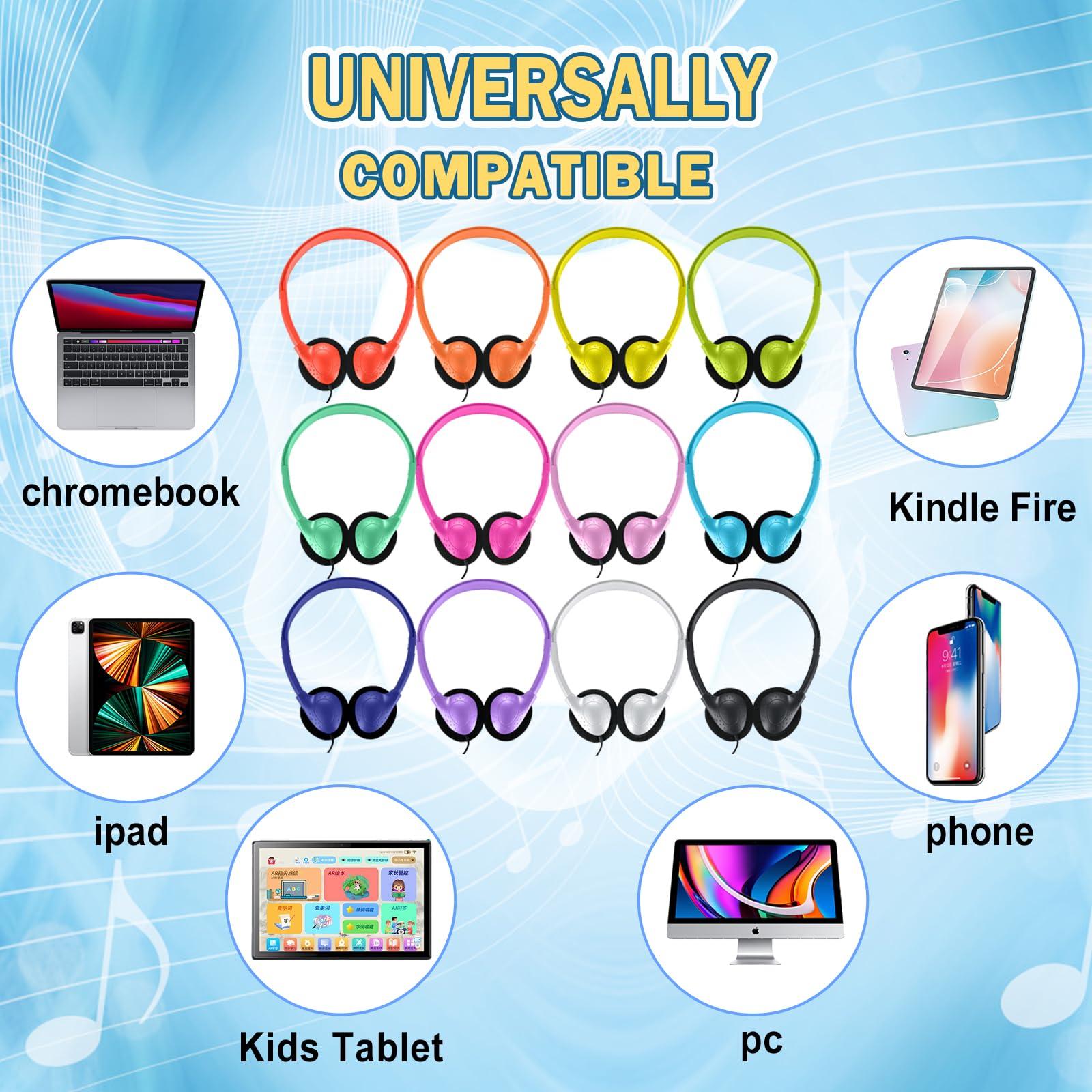 Yoley Kids Headphones Bulk 48 Pack for School Classroom Students K-12 & Teachers, Perfect for Library Airplane Online Learning and Travel, Stereo Sound 3.5mm Jack (12 Colors)